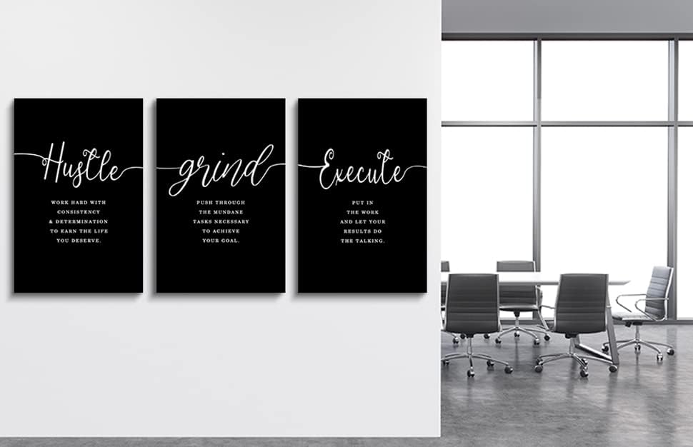 Hustle Grand Slogan Poster,Gift for Boss, Present for Father, Framed Canvas Wall Art Success Quote, Office Wall Art, Black Large Poster, Inspirational Print (F-3pcs,16x24inchx3pcs)
