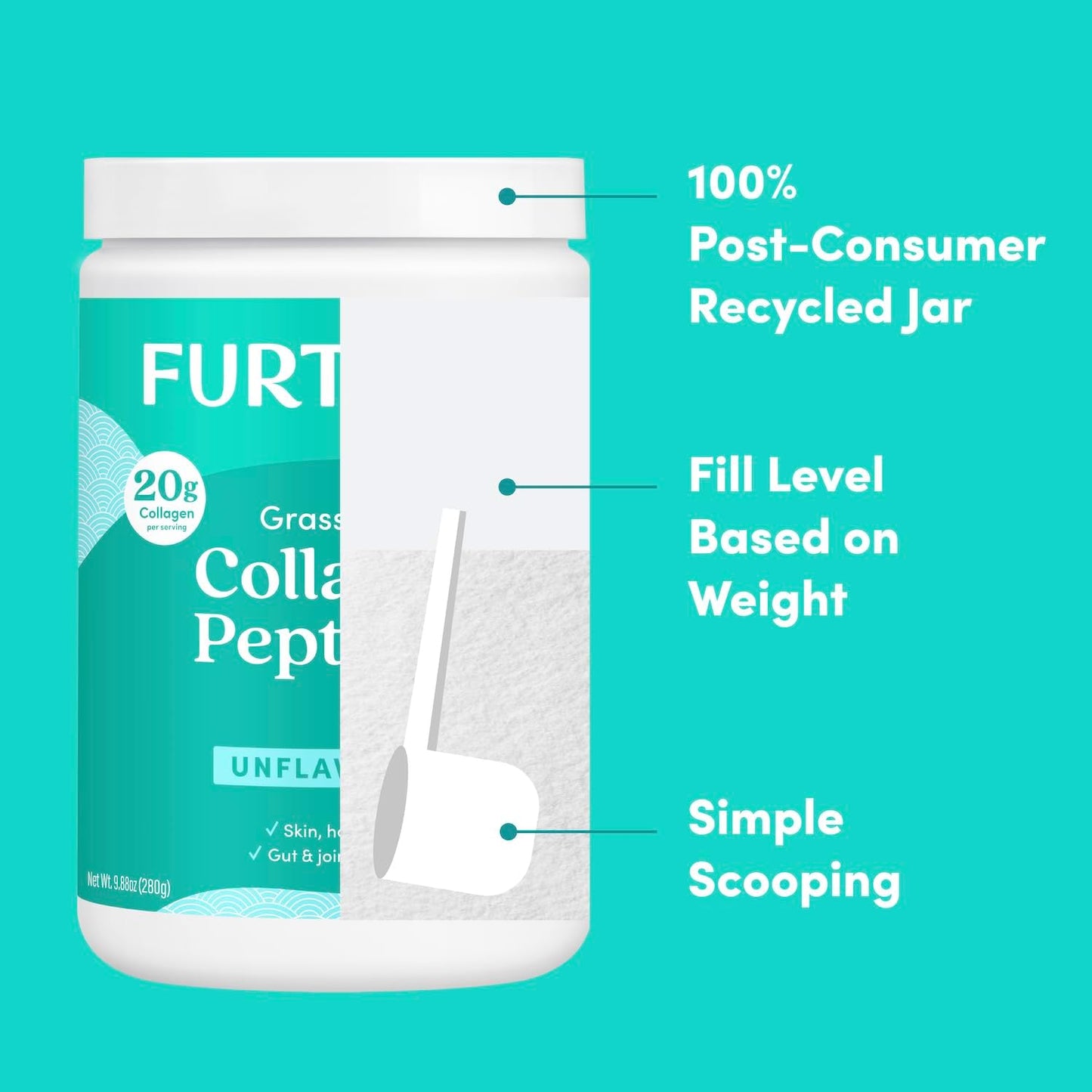 Further Food Unflavored Collagen Peptides Powder, Grass-Fed Pasture-Raised Hydrolyzed Type 1 & 3 Protein, Gut Health + Joint, Hair, Skin, Nails, Paleo Keto Sugar-Free 9.88 oz