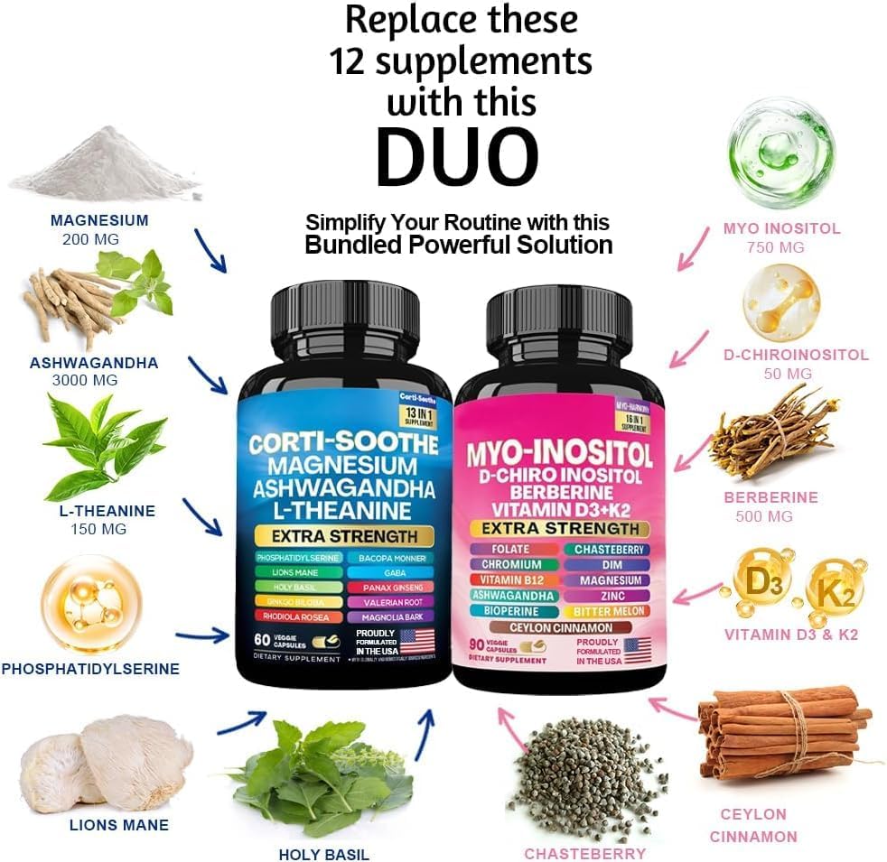 ALongDeng Soothe-Smooth Bundle,Soothe & Smooth Bundle Multivitamin Combo, Cortisol Support Myo-Inositol Multivitamin Combo with Magnesium Glycinate, Ashwagandha, L-Theanine & Herbal Blend - D