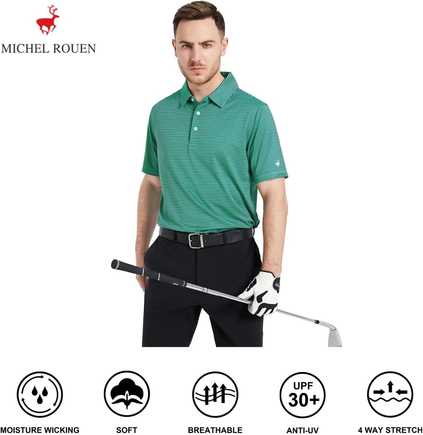 Mens Golf Shirt Moisture Wicking Dry Fit Performance Sport Short Sleeve Striped Golf Polo Shirts for Men