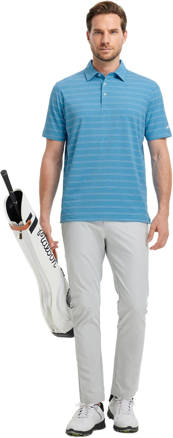 Rouen Polo Shirts for Men Dry Fit Performance Heather Stripe Golf Polo Moisture Wicking Lightweight Breathable Golf Shirts