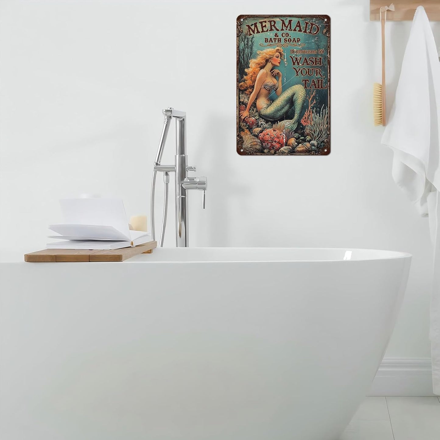 Retro Mermaid Tin Sign Wash Your Tail Vintage Metal Poster Funny Bath Soap Wall Art Toilet Bathroom Man Cave Bar Cafe Indoor Living Room Garage 12 * 8inch