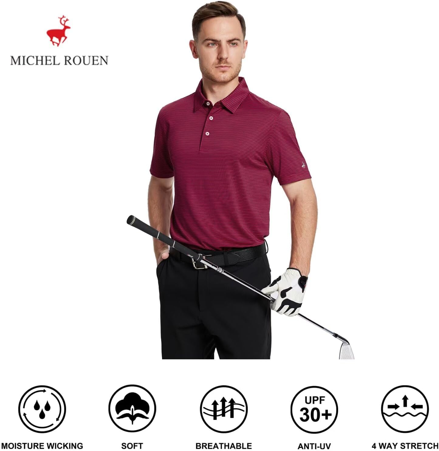 Mens Golf Shirt Moisture Wicking Dry Fit Performance Sport Short Sleeve Striped Golf Polo Shirts for Men
