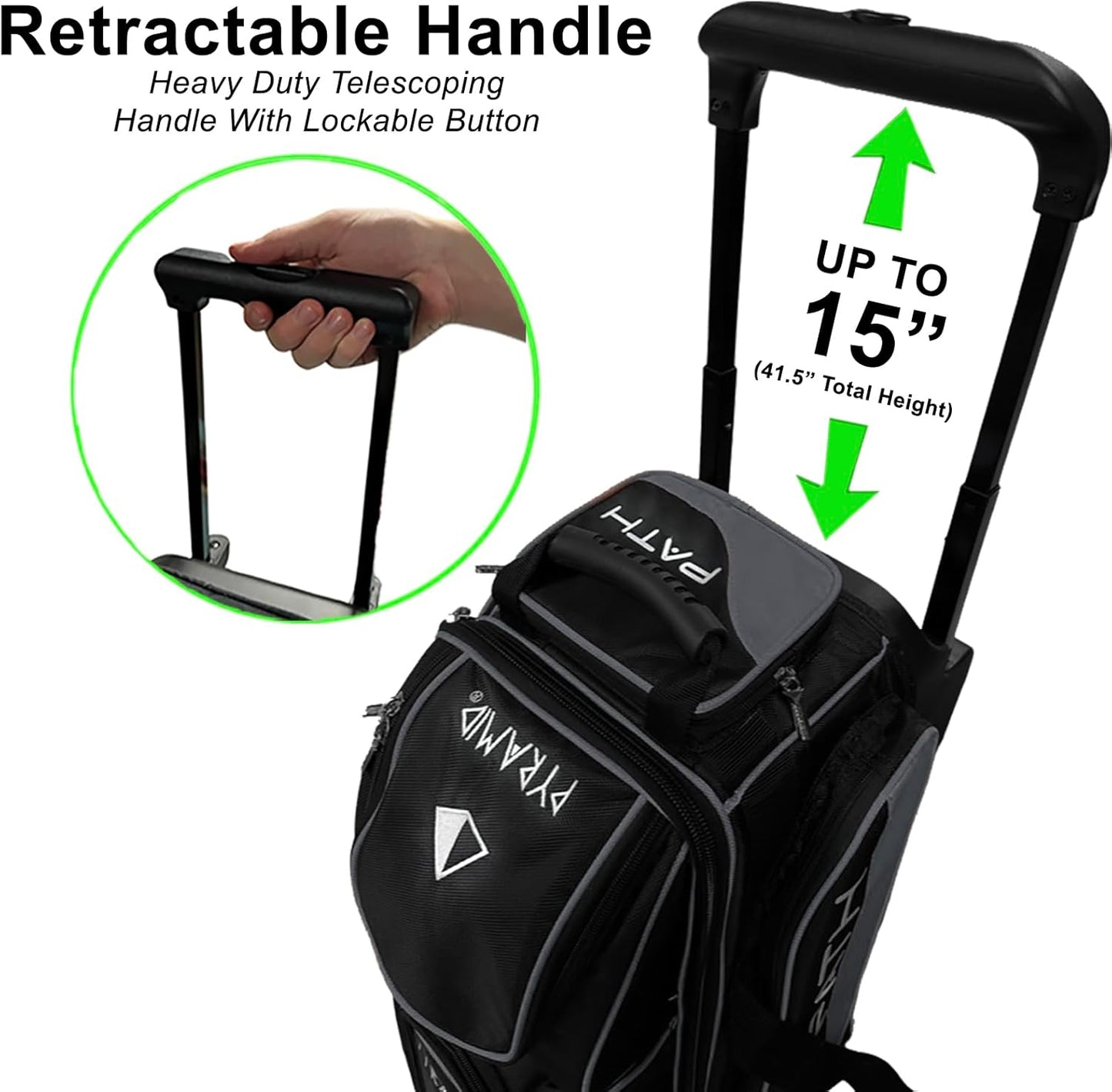 Pyramid Path Triple Premium Deluxe Roller Bowling Bag With Extra Large Separate Shoe Compartment (Up To US Mens Size 16) and 5 Accessory Pockets, 5" Wheels, Retractable Locking Handle - Extends to 42"