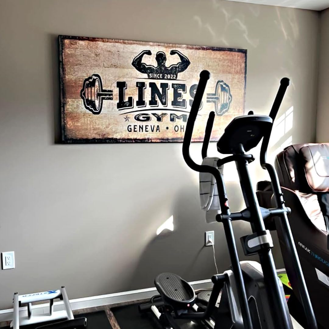 TAILORED CANVASES Personalized Gym Sign Wall Art Decor - Motivational Canvas s for Home Gym, Workout Room, Garage, Fitness Center - Workout Inspirational Posters - Kettlebell on Rustic, 48x16in