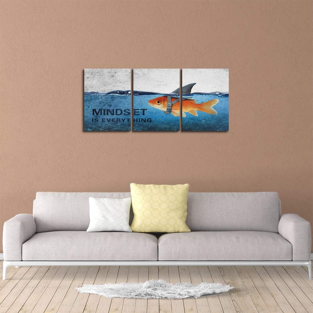 3 Panels Modern Framed Inspirational Canvas Wall Art Goldfish Body Strong Shark Heart Mindset is Everything Motivational Wooden Decor Posters for Office Gym Classroom Home Decoration(48''W x 24''H)