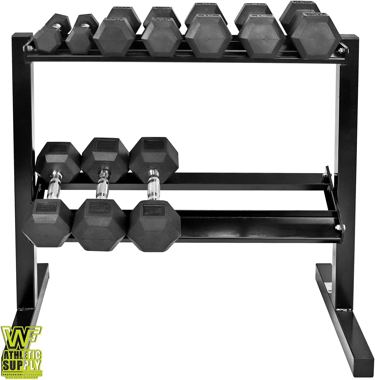 WF Athletic Supply Rubber Coated Hex Dumbbell Set with Two Tier Premium Storage Rack Built for Strength Building, Weight Loss & Home Gym โ Multiple Sets Available