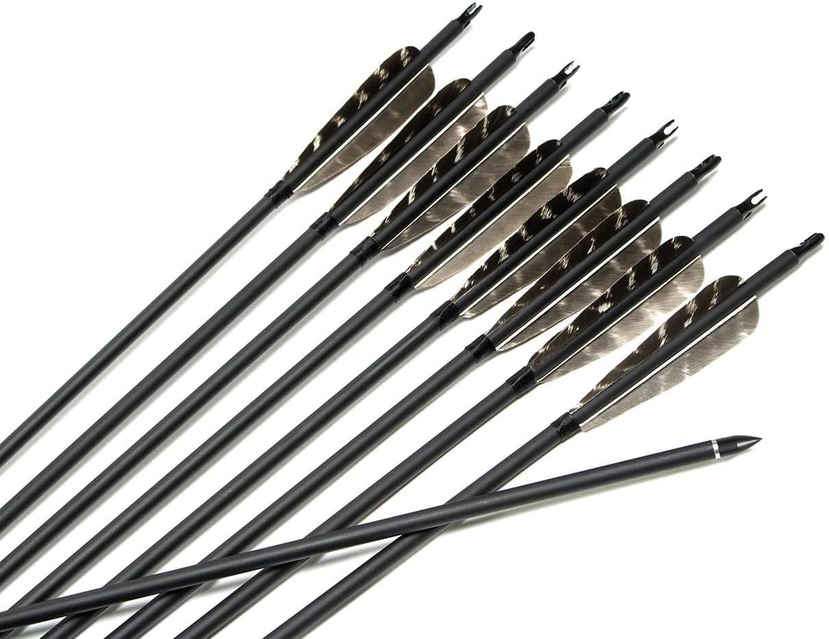 31Inch Carbon Arrow, Practice Hunting Arrows, Camo Turkey Feather Fletching, Arrows for Compound & Recurve Bow with Removable Tips Adjustable Nocks