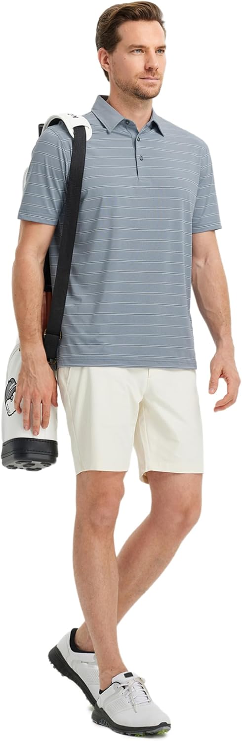 Rouen Polo Shirts for Men Dry Fit Performance Heather Stripe Golf Polo Moisture Wicking Lightweight Breathable Golf Shirts