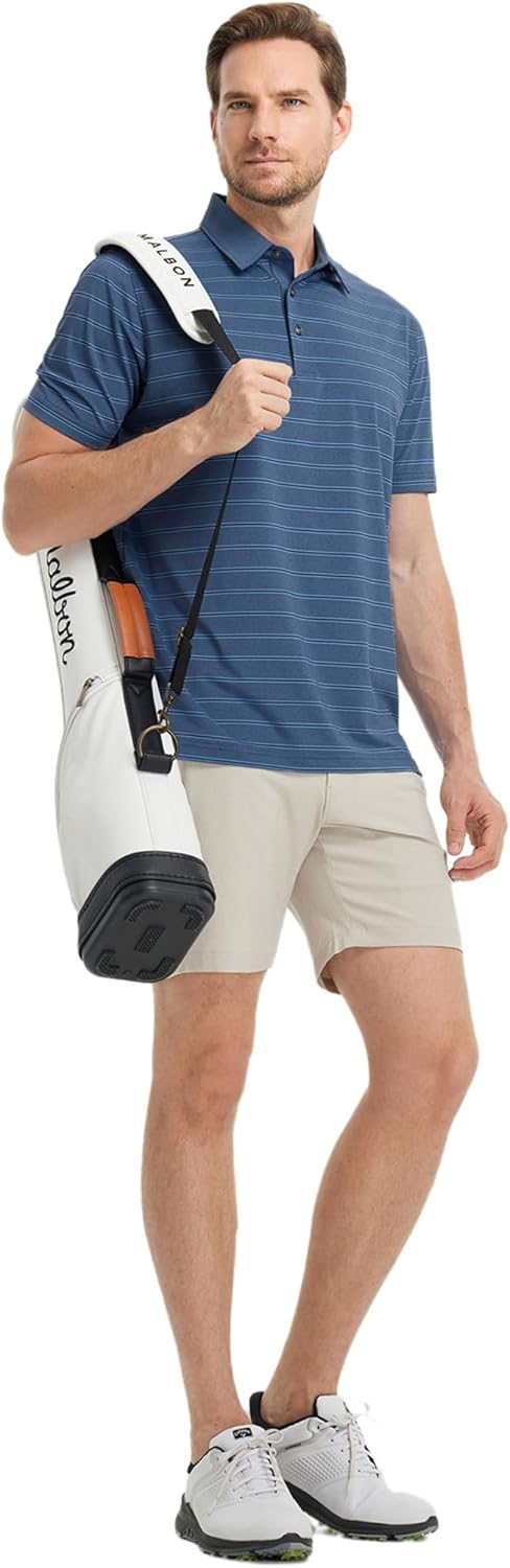 Rouen Polo Shirts for Men Dry Fit Performance Heather Stripe Golf Polo Moisture Wicking Lightweight Breathable Golf Shirts