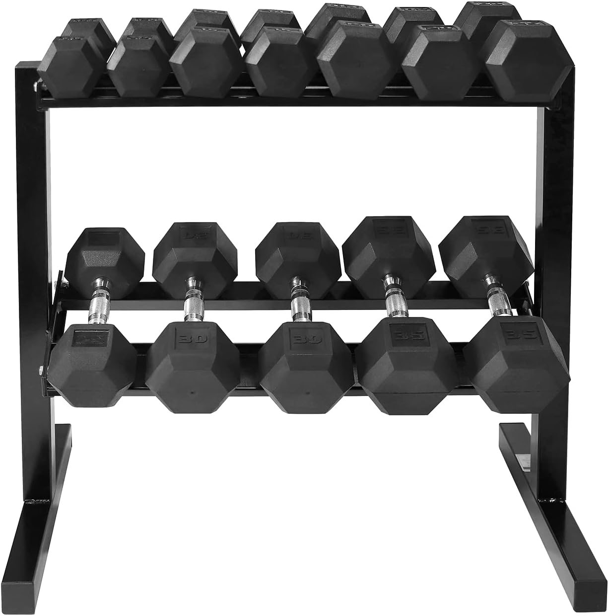 WF Athletic Supply Rubber Coated Hex Dumbbell Set with Two Tier Premium Storage Rack Built for Strength Building, Weight Loss & Home Gym โ Multiple Sets Available