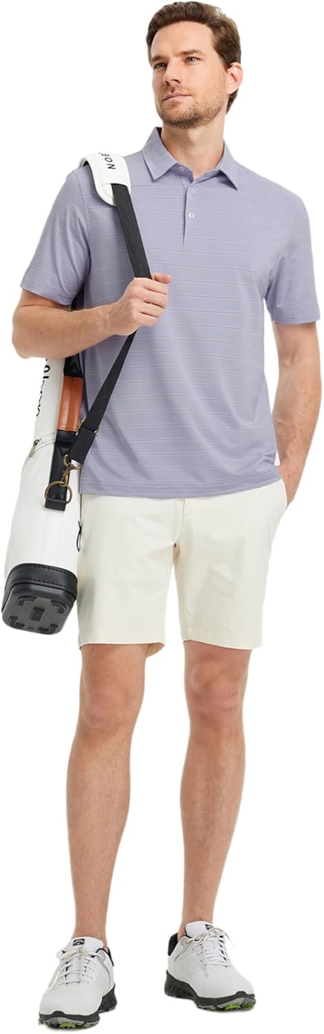 Rouen Polo Shirts for Men Dry Fit Performance Heather Stripe Golf Polo Moisture Wicking Lightweight Breathable Golf Shirts