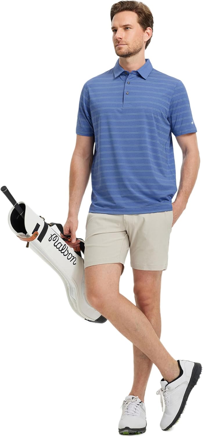 Rouen Polo Shirts for Men Dry Fit Performance Heather Stripe Golf Polo Moisture Wicking Lightweight Breathable Golf Shirts