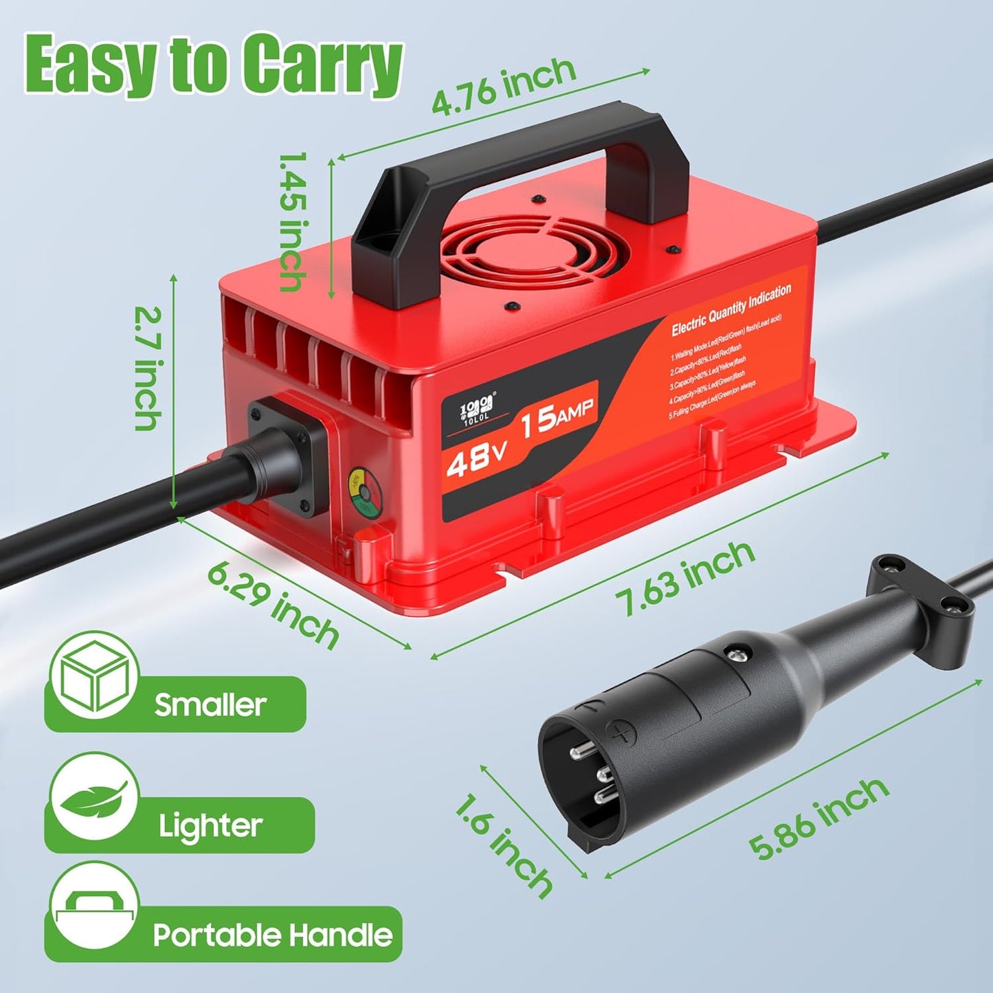 10L0L Club-Car-DS Charger 48V 15A 3-Pin Round Plug Golf Cart Rapid Charger - IP68 Waterproof, Auto Shut-Off, Smart Cooling, Aluminum Housing, Charging Indicator (Red)