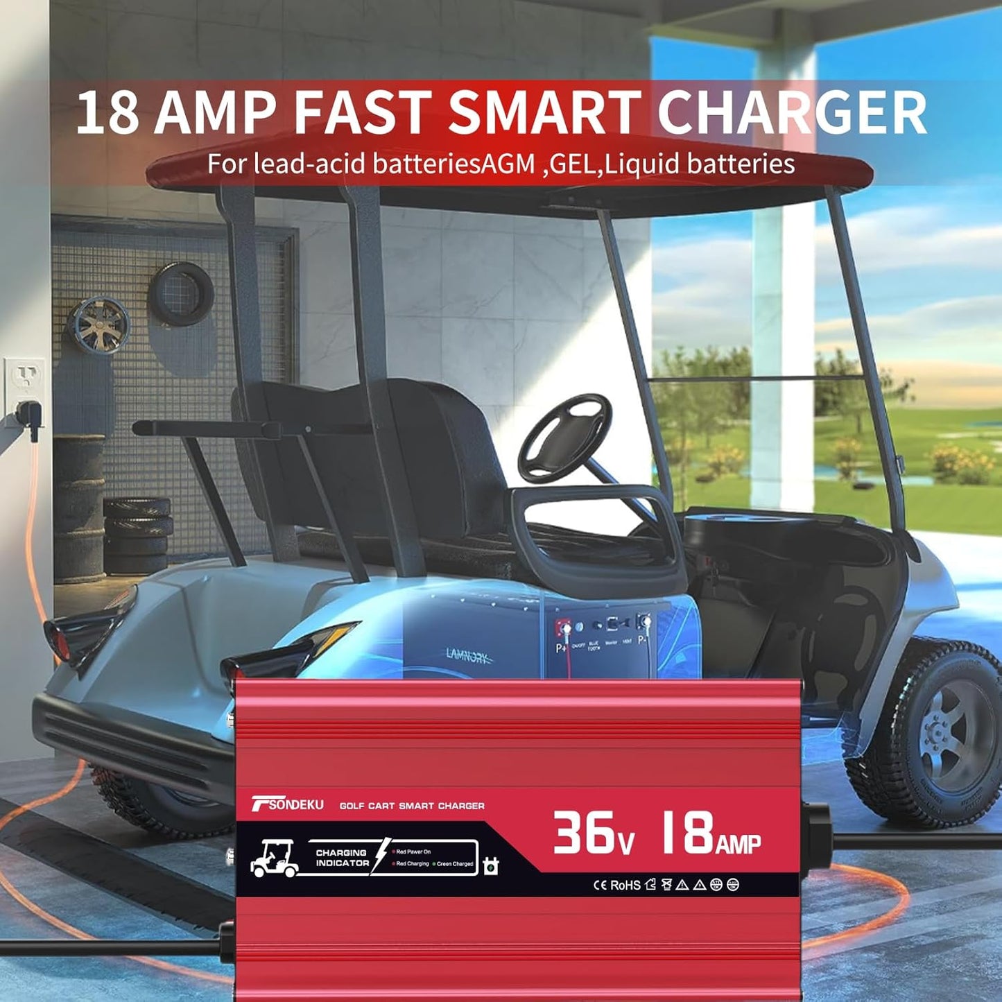 36V Golf Cart Battery Charger for EZGO TXT - 18 AMP, Upgrade Trickle Charger Tech, 4-6 hrs Fast Charge! Replace EZGO Charger with D - Plug, 16FT Cord, Aluminum Alloy Sturdy Shell