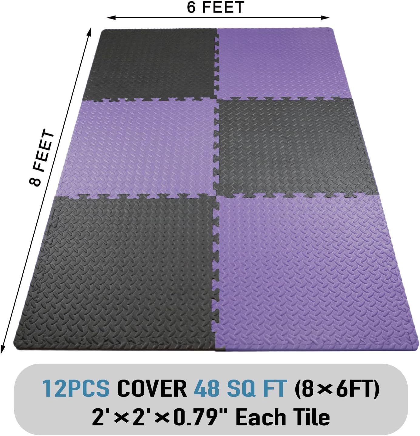AIRHOP Upgraded 0.79" Extra Thick 48 Sq Ft High-Density Eva Foam Exercise Gym Mats, 12 Pcs Large Interlocking Puzzle Floor Tiles (24"x24") for Home Gym, Black&Purple