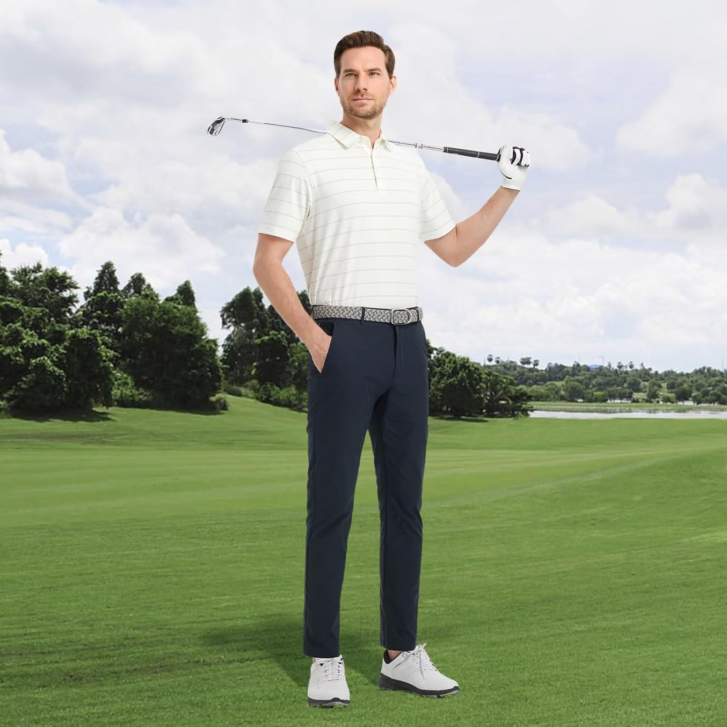 Rouen Mens Golf Shirt Moisture Wicking Dry Fit Performance Stripe Casual Collared Short Sleeve Golf Polo Shirts for Men