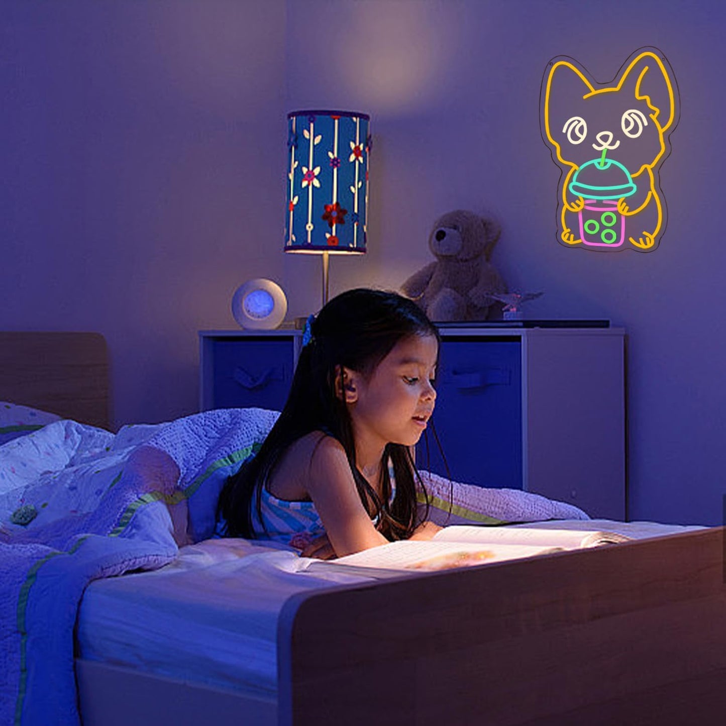 Corgi Neon Sign Bubble Tea Neon Light for Wall Decor Colorful Neon Sign Dog Neon Signs for Bedroom Dessert Coffe Shop Store Business Wall Decoration