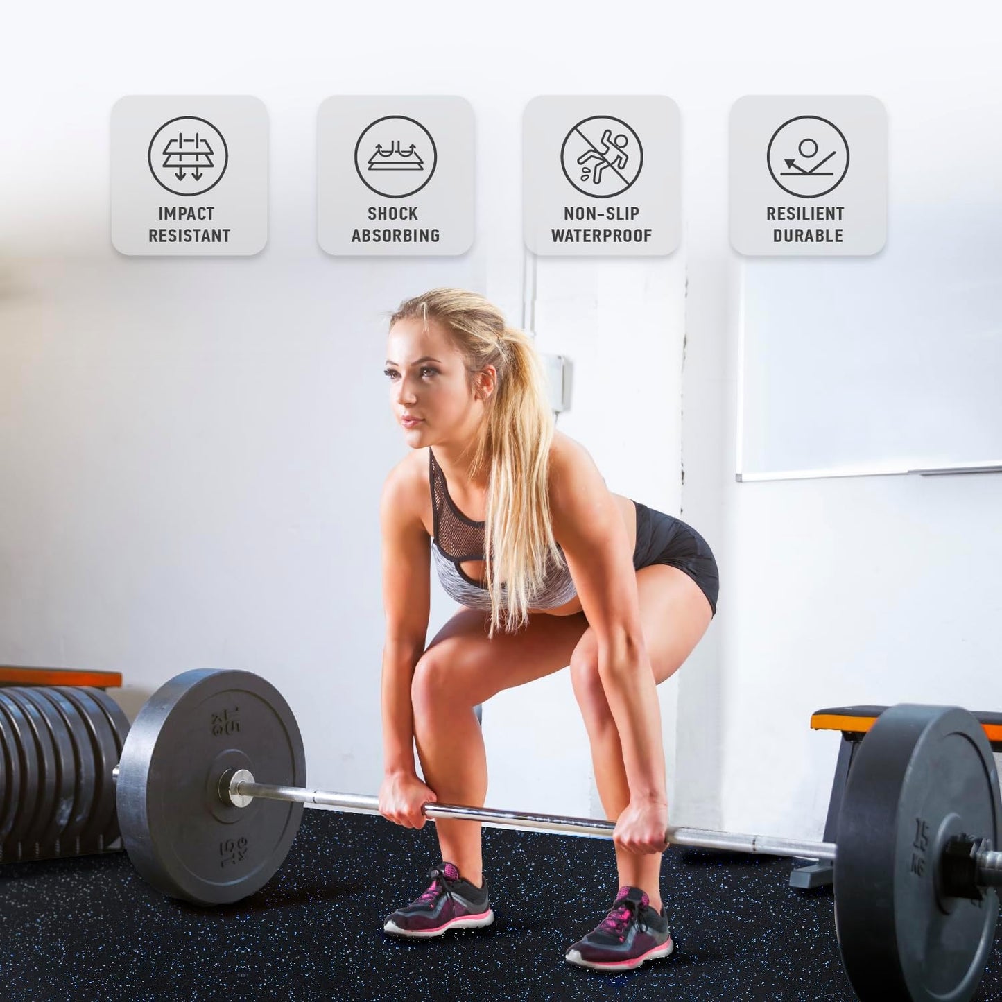 AIRHOP 0.56in Thick 48 Sq Ft Exercise Equipment Mats, 12 Tiles Upgraded Rubber Top with High Density EVA Foam, Large Interlocking Puzzle Gym Flooring for Home Gym, Heavy Weight Workout,Black & Blue