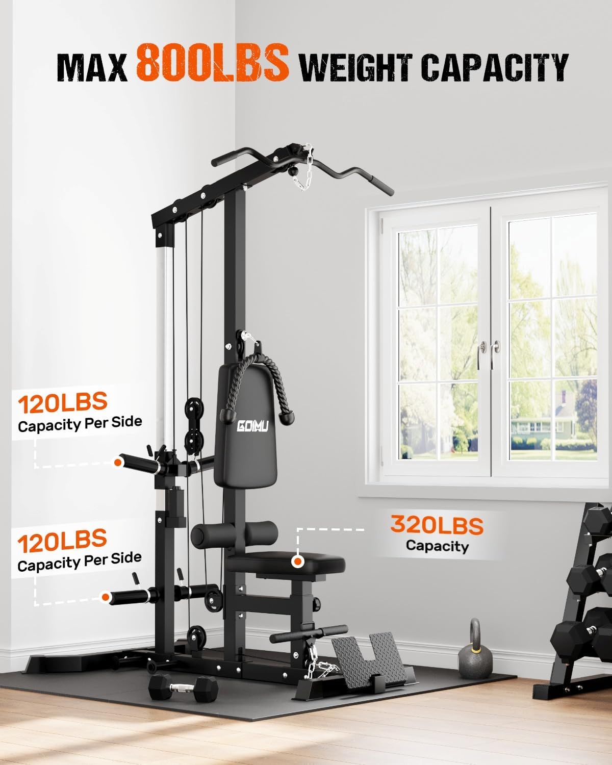LS01 LAT Pulldown Machine, LAT Row Cable Machine with AB Crunch, LAT Tower with Cable Row Attachments, 3 in 1 Pulley Stations for Home Gym