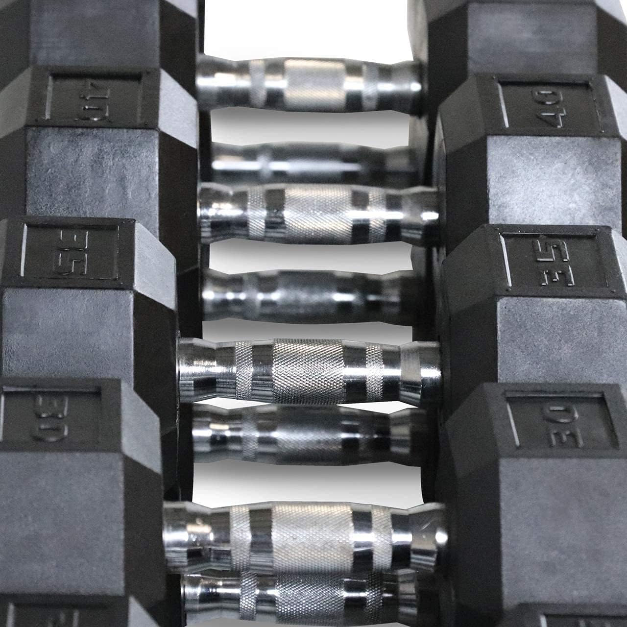 WF Athletic Supply Rubber Coated Hex Dumbbell Set with Two Tier Premium Storage Rack Built for Strength Building, Weight Loss & Home Gym โ Multiple Sets Available