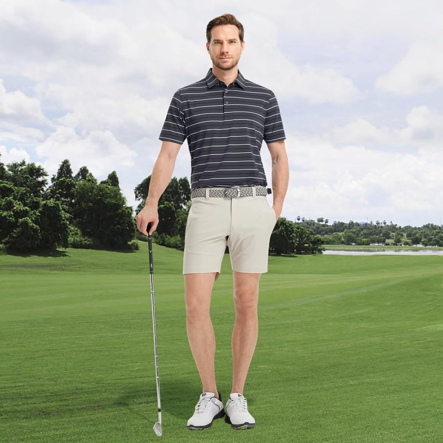 Rouen Mens Golf Shirt Moisture Wicking Dry Fit Performance Stripe Casual Collared Short Sleeve Golf Polo Shirts for Men