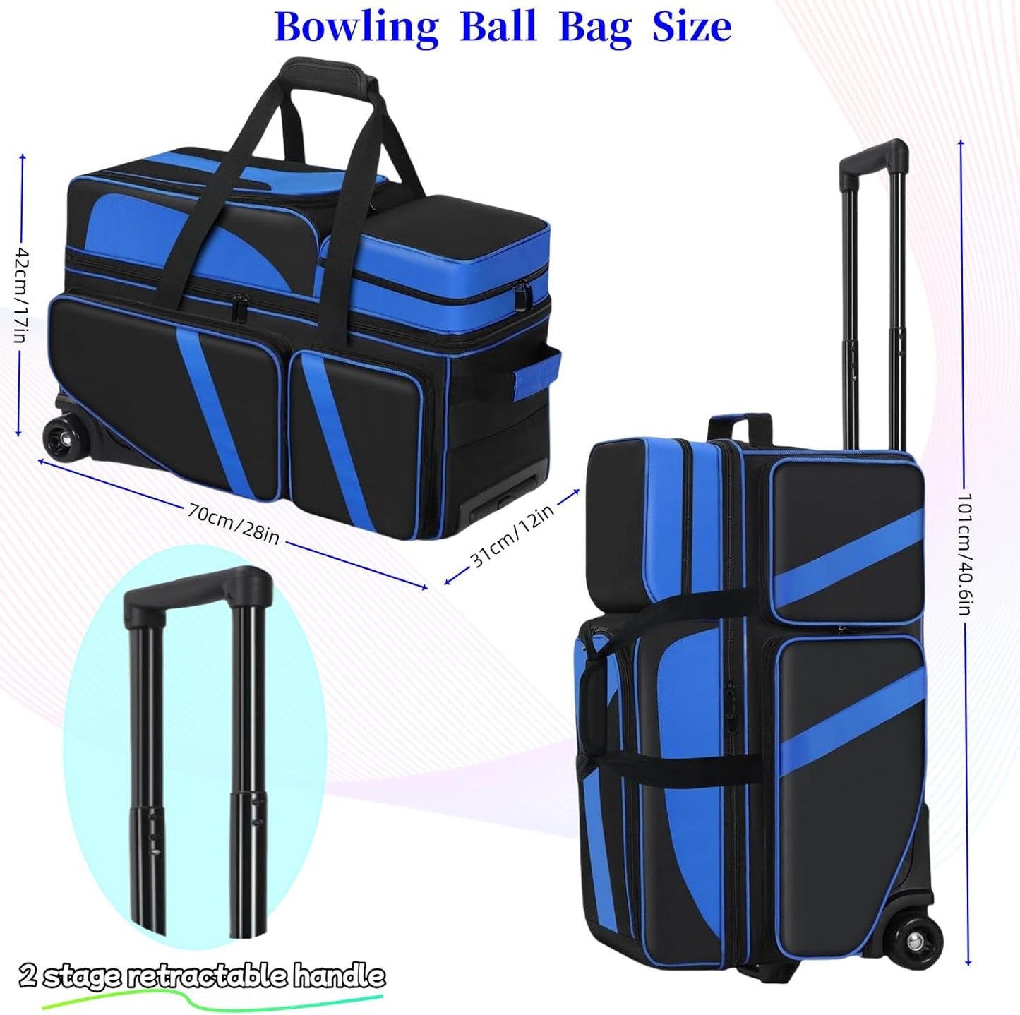 3 Ball Bowling Bags With Wheels,Bowling Bags 3 Ball Roller With Shoes Compartment And Multiple Pockets,3 Ball Bowling Bag has Retractable Handle Extends to 41.5 in