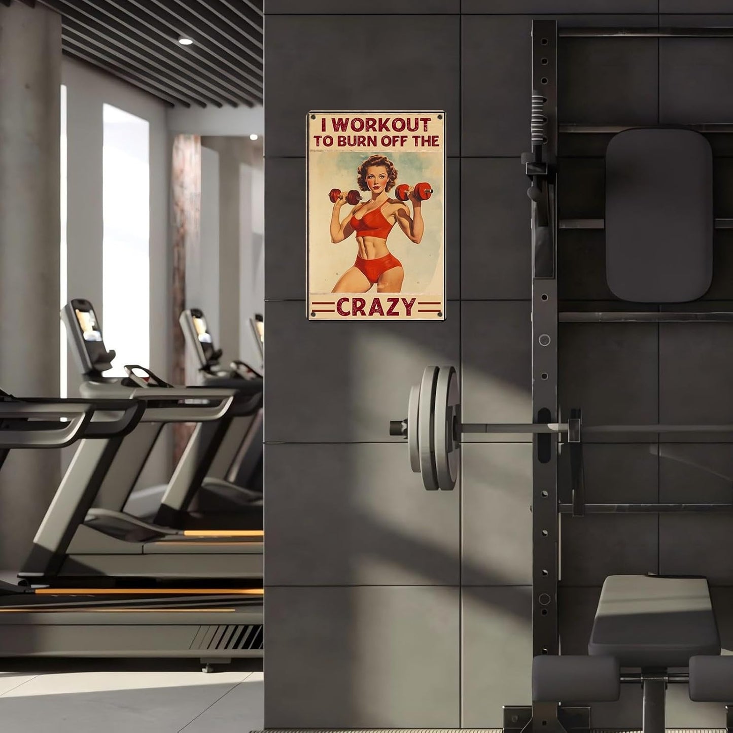 Vintage Girl Gym Tin Sign I Workout to Burn off The Crazy Retro Fitness Wall Decor Nostalgic Art Funny Workout Room Inspirational Metal Poster Store Cafe Pubs Bedroom Bathroom 12 * 8inch