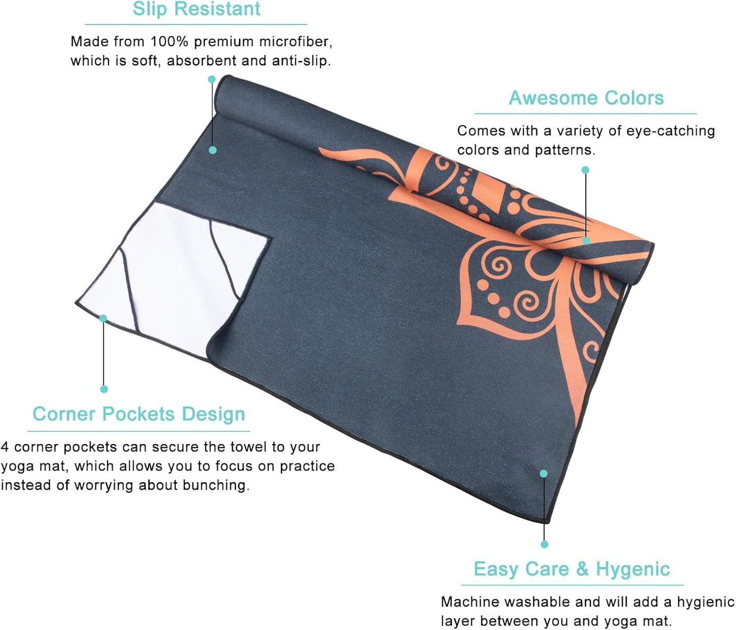 QiyI Yoga Mat Towel with Corner Pockets, Non Slip Sweat Absorbent Hot Yoga Towels, Soft Yoga Blankets with Travel Bag, Skidless Mat Cover for Workout, Gym, Fitness - 70"x26", Luxury Golden Mandala