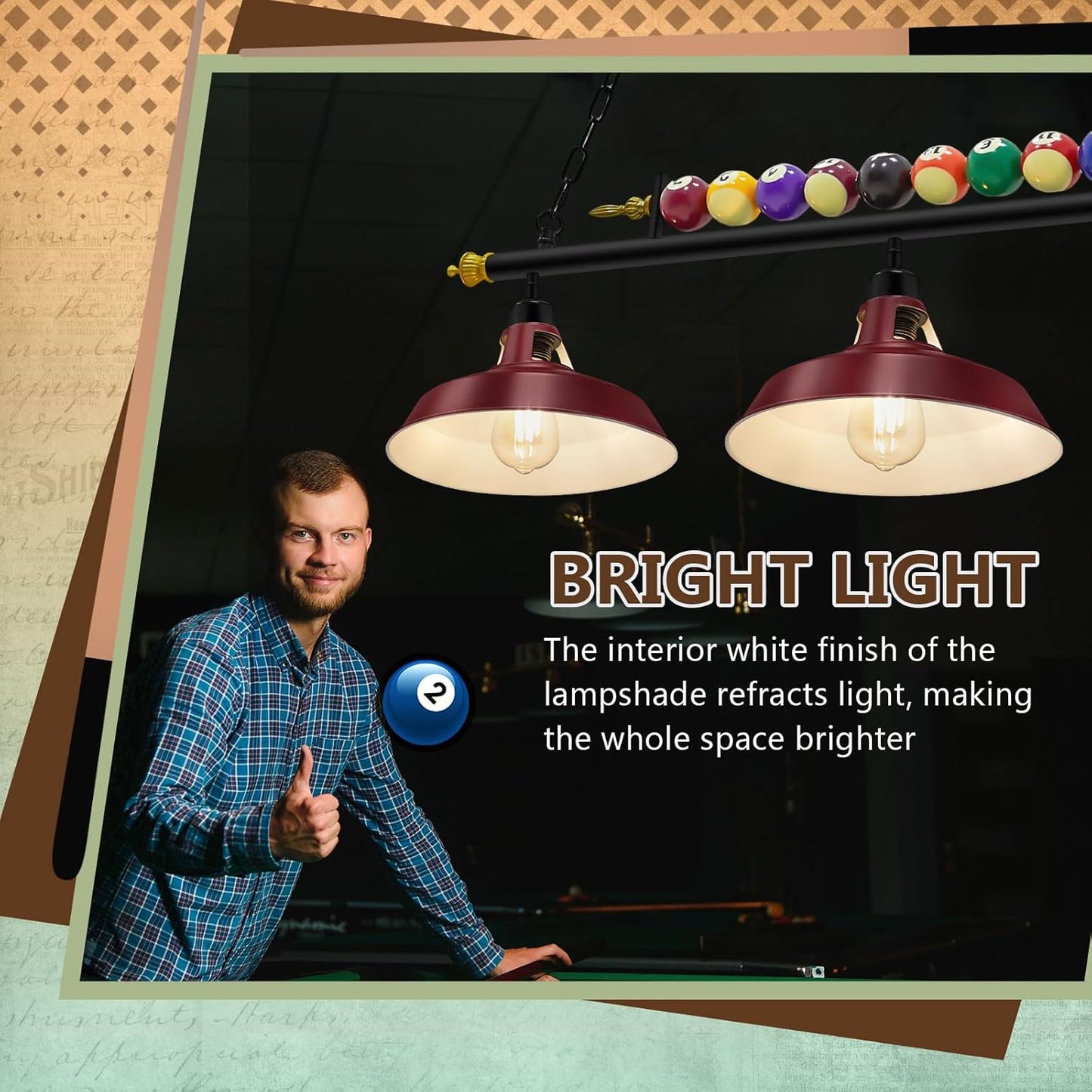 3 Lights Adjustable Pool Table Lights for 7'-8' Billiard Light Hanging Pool Table Light Fixture Lighting Pendant Lamp with Metal Shades for Game Rooms, Bulb Not Included(Burgundy Red)