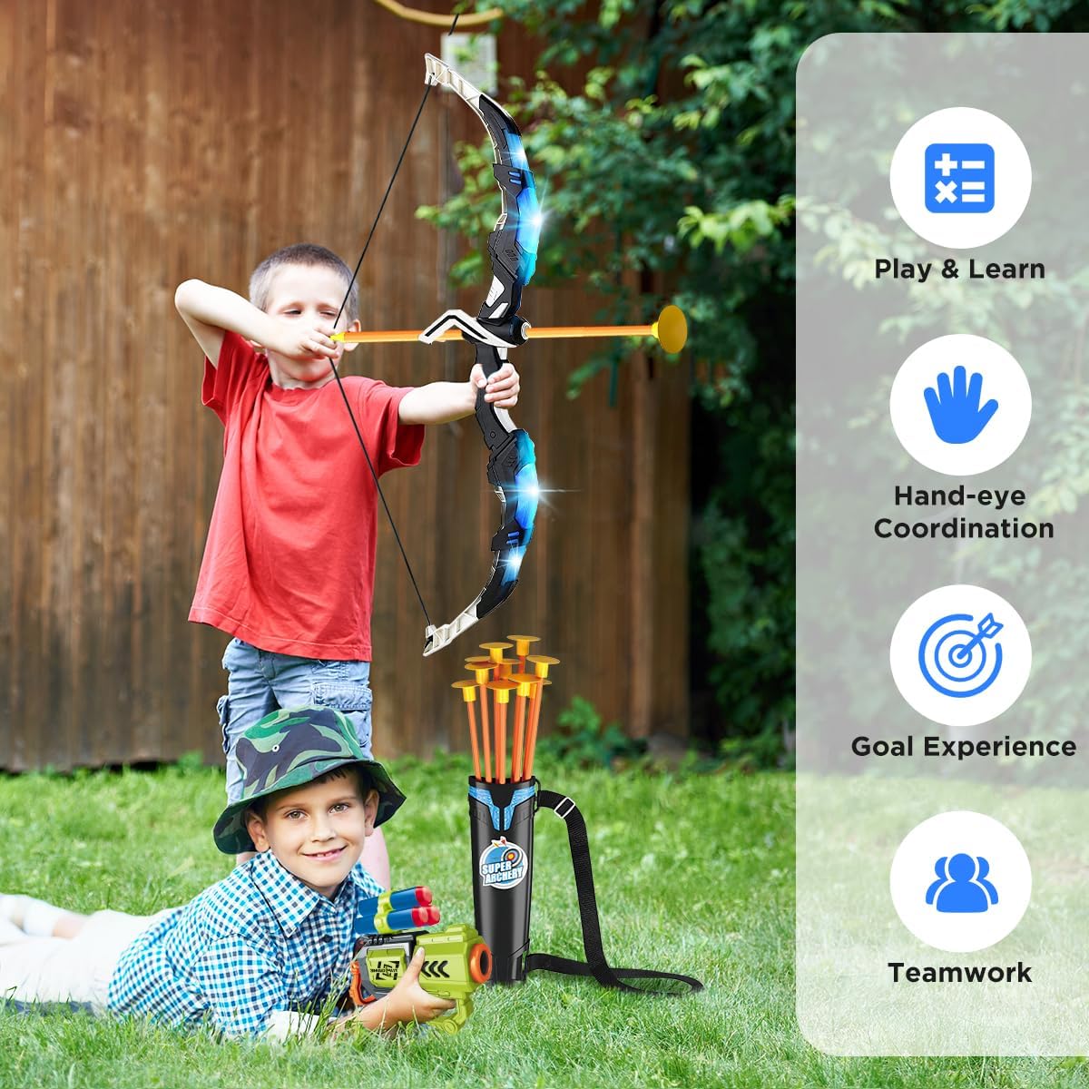 VATOS 2 Pack Bow and Arrow Toy for 5 6 7 8 9 10 11 Year Old Boys Girls, Light Up Archery Toy with Cup Suction Standing Target & 29 in Dart Board, Indoor Outdoor Activity Toys Birthday