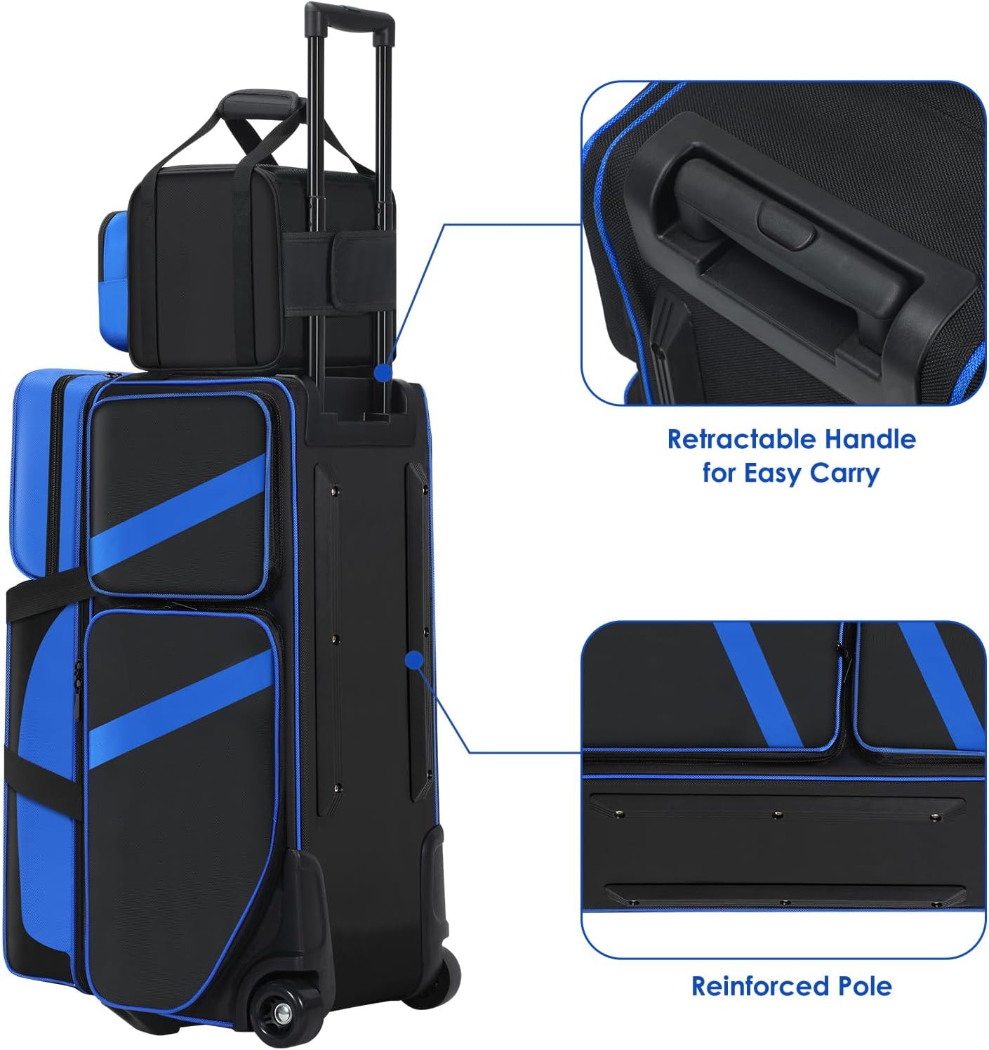 4 Ball Bowling Bags with Wheels, Bowling Ball Bag with Multi-Pockets,4 Ball Bowling Bag with Secure Buckle Fixed Ball Cup & Shoe Compartment,3 Ball Bowling Bag+1 Ball Color Matching Add On Tote