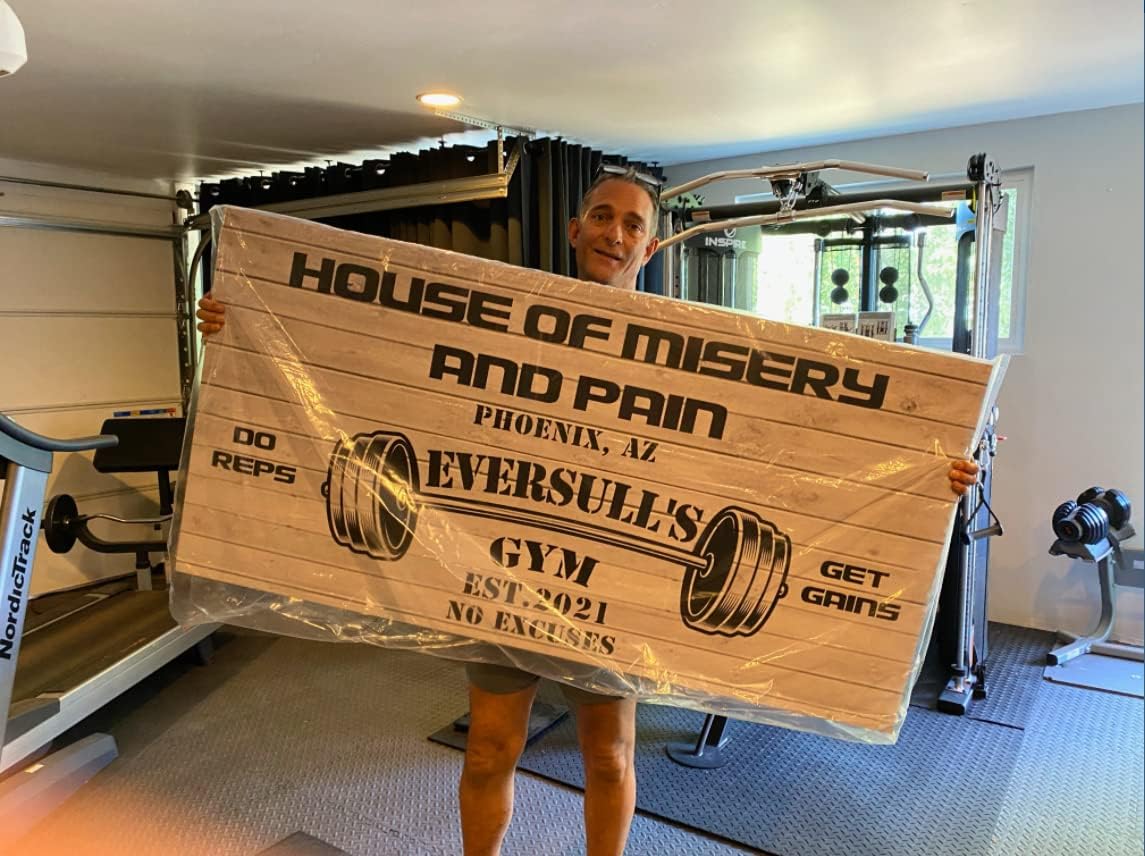 Tailored Canvases Personalized Gym Sign Wall Art Decor - Motivational Canvas for Home Gym, Workout Room, Garage, Fitness Center - Workout Inspirational Posters - House of Misery and Pain, White Wood 60x30in