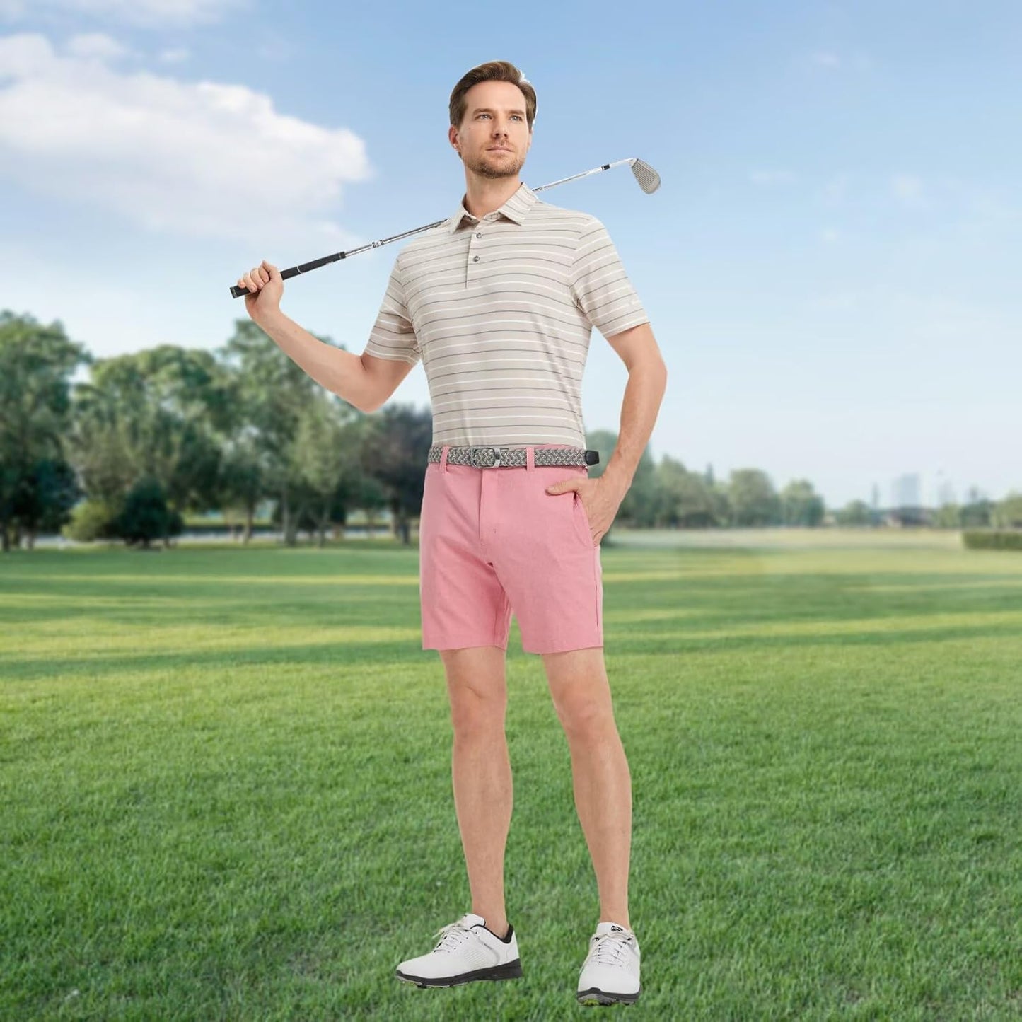 Rouen Mens Golf Shirt Moisture Wicking Dry Fit Performance Stripe Casual Collared Short Sleeve Golf Polo Shirts for Men