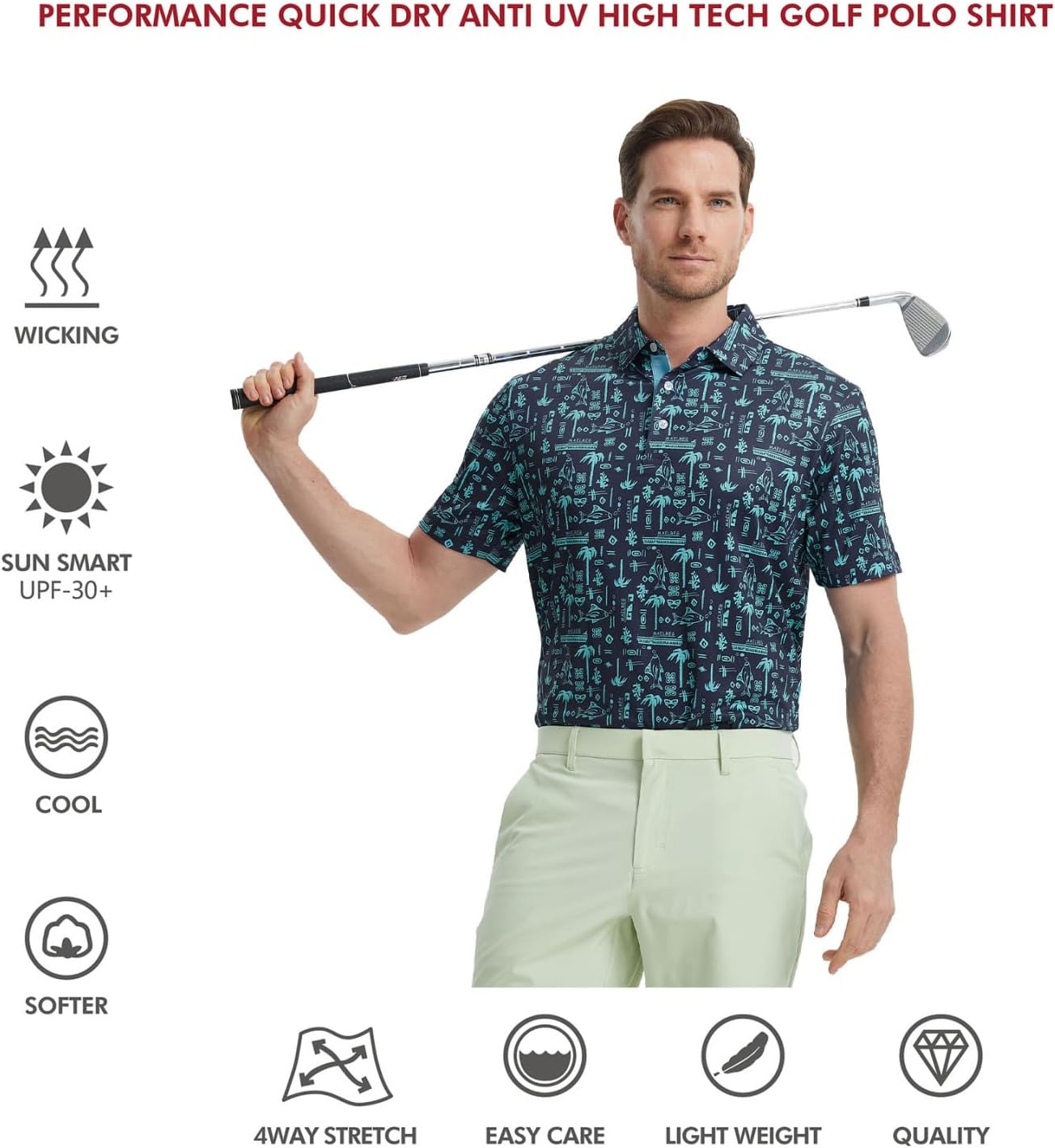 Men's Golf Polo Shirts Short Sleeve Striped Performance Moisture Wicking Dry Fit Golf Shirts for Men