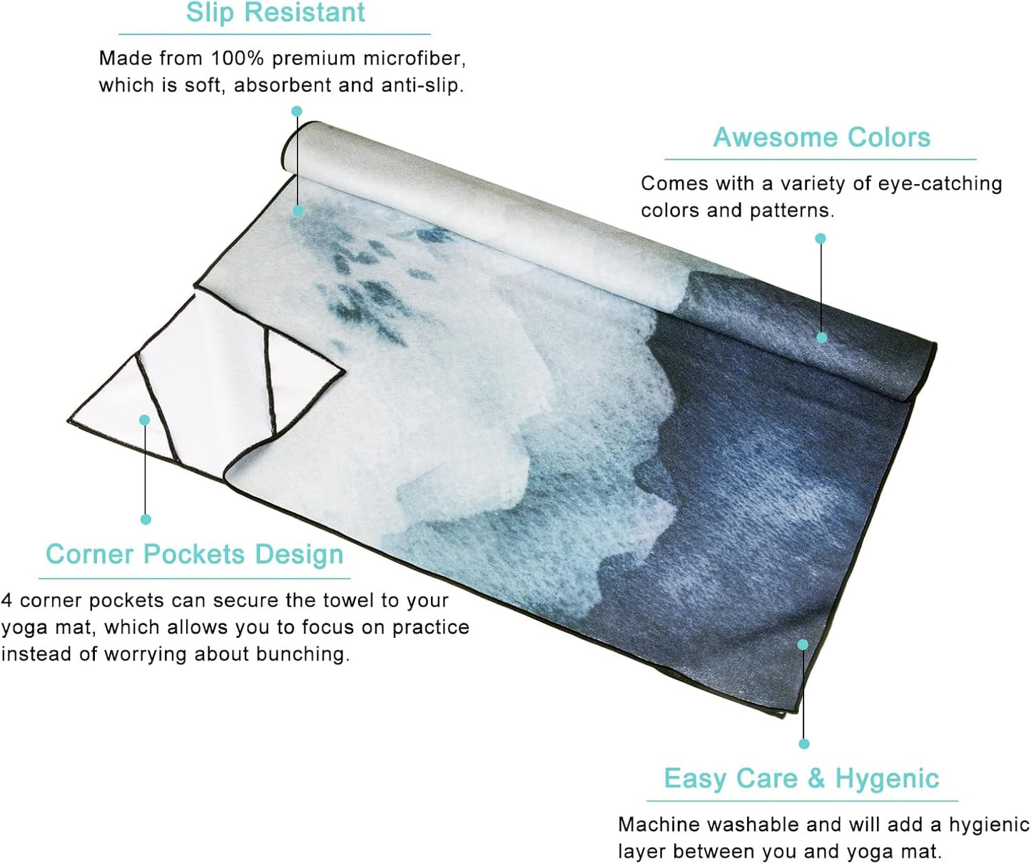 QIYI Large Yoga Mat Towel with Corner Pockets, Non Slip Sweat Absorbent Hot Yoga Towels, Soft Yoga Blankets with Travel Bag, Skidless Mat Cover for Workout, Gym, Fitness - 74"x26", Watercolor Mountain