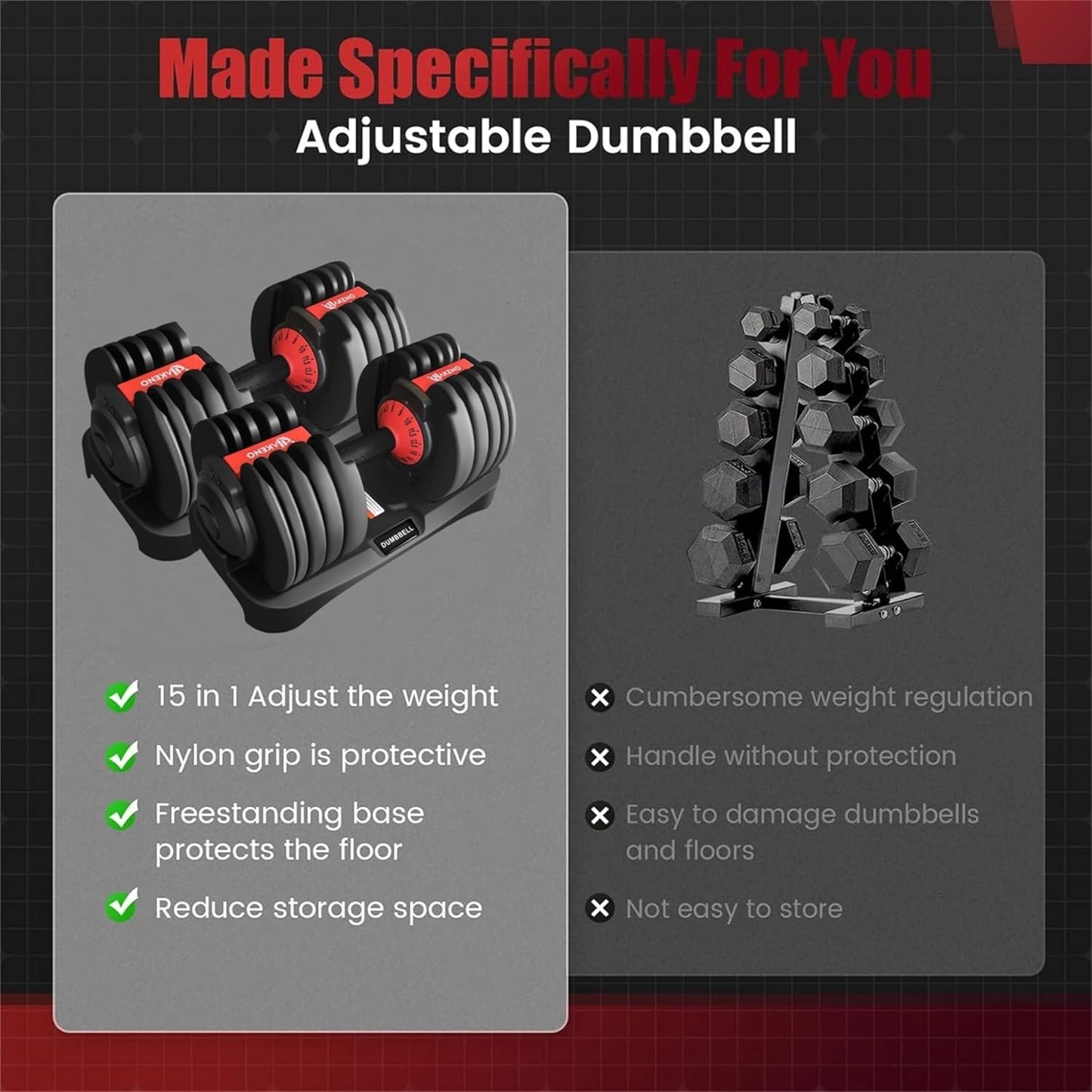 15 Weight in 1 Adjustable Dumbbell 53LB with Fast Automatic Adjustable and Weight Plate for Body Workout Home Gym (24kg/53lb)2pcs