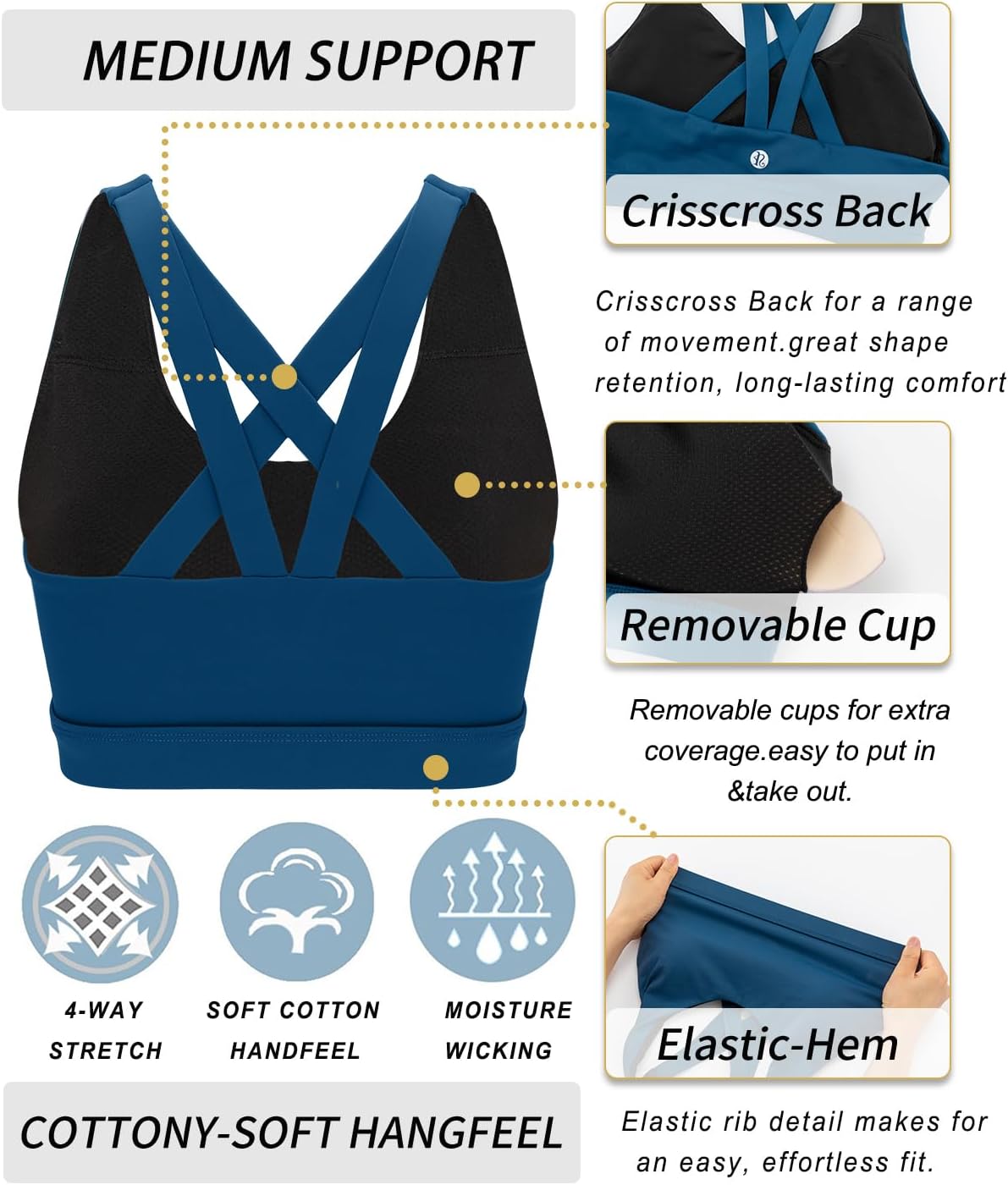 RUNNING GIRL Sports Bra for Women, Criss-Cross Back Padded Strappy Sports Bras Medium Support Yoga Bra with Removable Cups