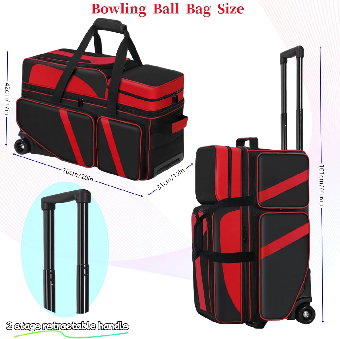 3 Ball Bowling Bags With Wheels,Bowling Bags 3 Ball Roller With Shoes Compartment And Multiple Pockets,3 Ball Bowling Bag has Retractable Handle Extends to 41.5 in