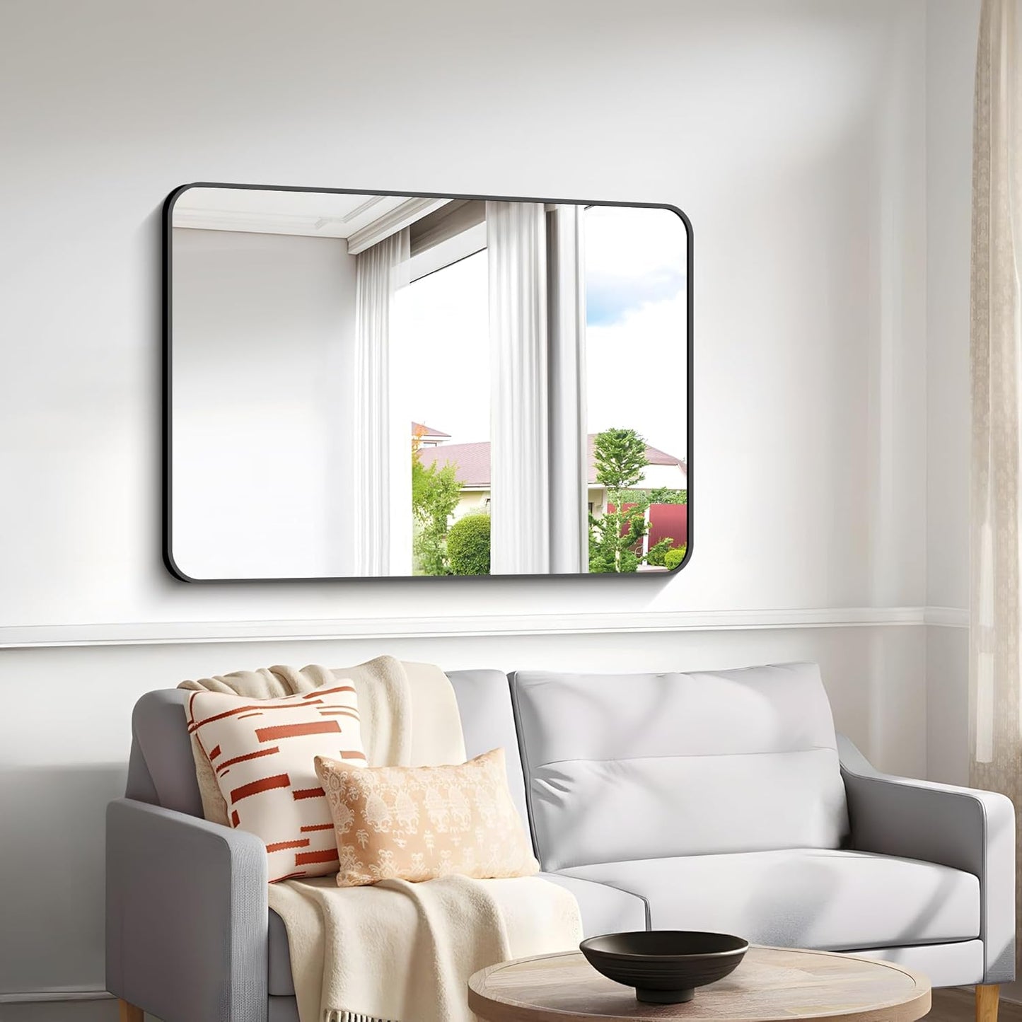 30x40 inch Bathroom Mirror,Black Rectangle Mirror,Wall Mounted Bathroom Frame Vanity Mirror with Round Corner for Bedroom Living Room, Entryway Hangs Horizontal or Vertical