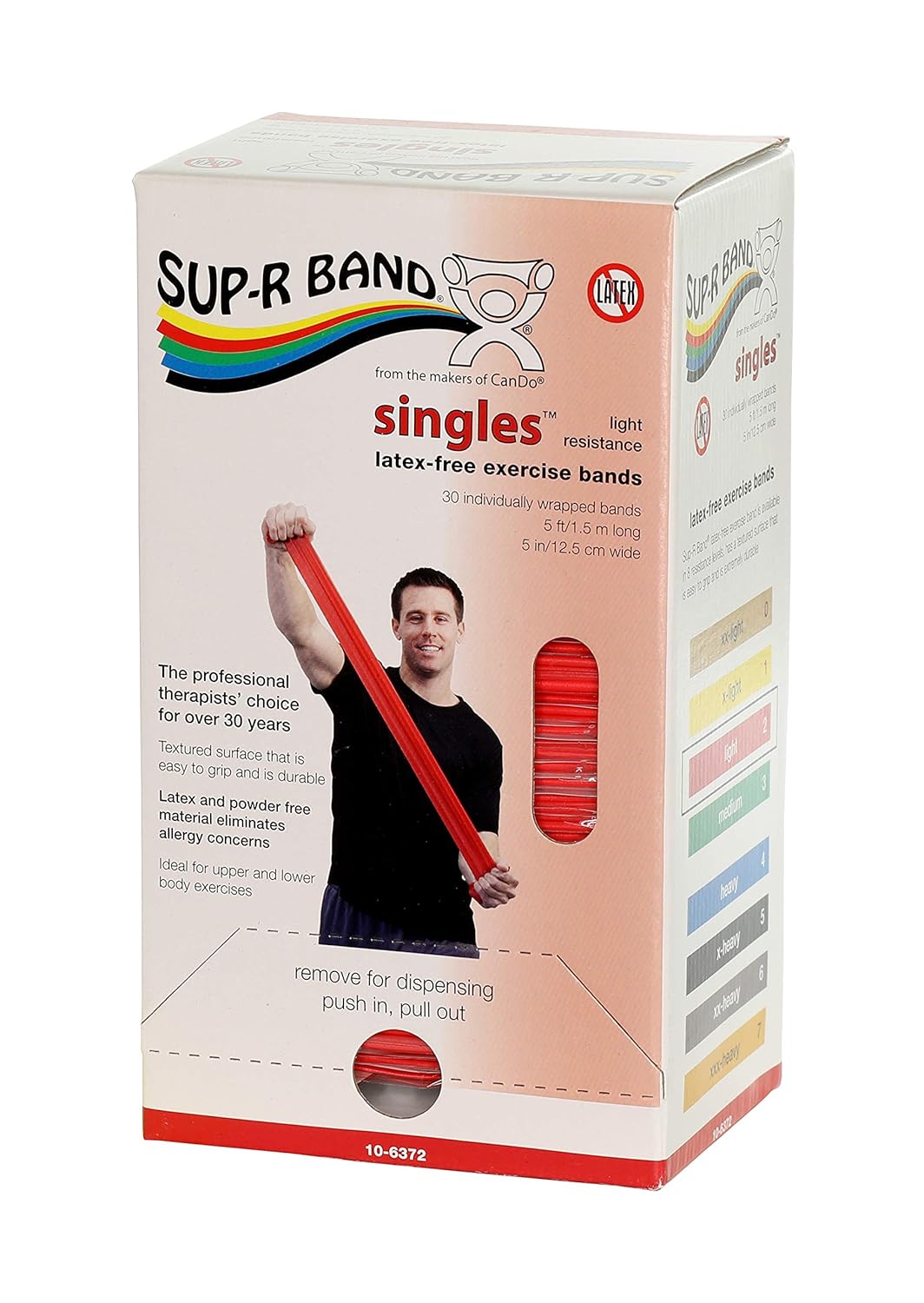 CanDo 10-6372 Sup-R Band, Latex-Free, 5' Singles, 30 Piece Dispenser, Red