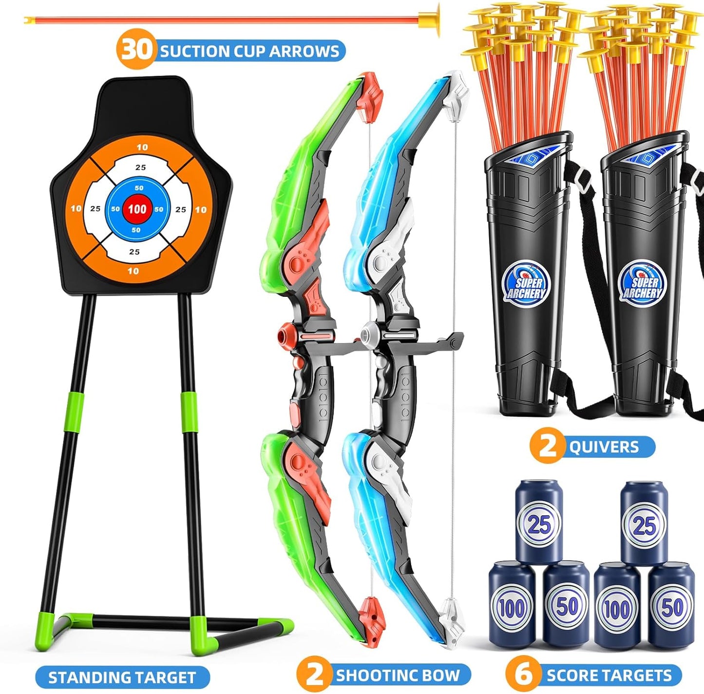 2 Pack Kids Bow and Arrow Set, LED Light Up Archery Toy Set with 30 Suction Cup Arrows, Standing Target, Quiver & 6 Score Targets, Bow and Arrows Set Toys Gift for 3-12 Year Old Kids Boys