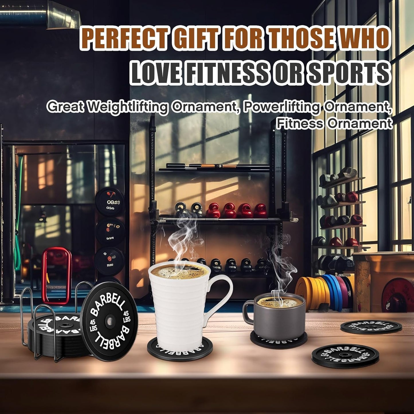 8 Pcs Barbell Bumper Plate Cool Coasters Round Silicone Coasters Weight Plate Coaster with Rack Holder for Gym Lovers Gym Accessories(Black)