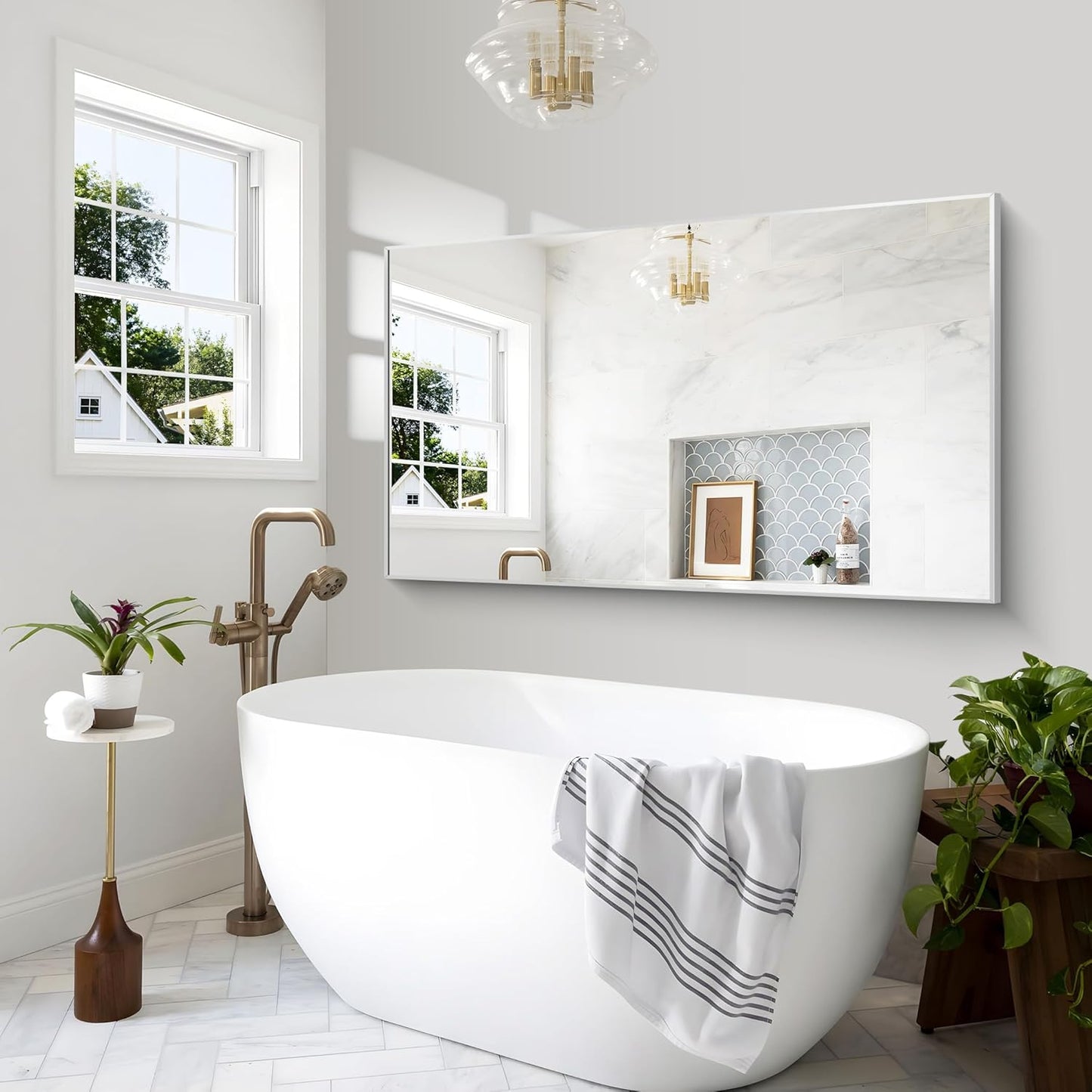 Silver Bathroom Mirror,60x36 inch Wall Mirror for Bathroom Wall Mounted,Large Rectangle Mirror for Bathroom Over Sink,Modern Metal Frame for Living Room,Bedroom Entryway,Horizontal/Vertical