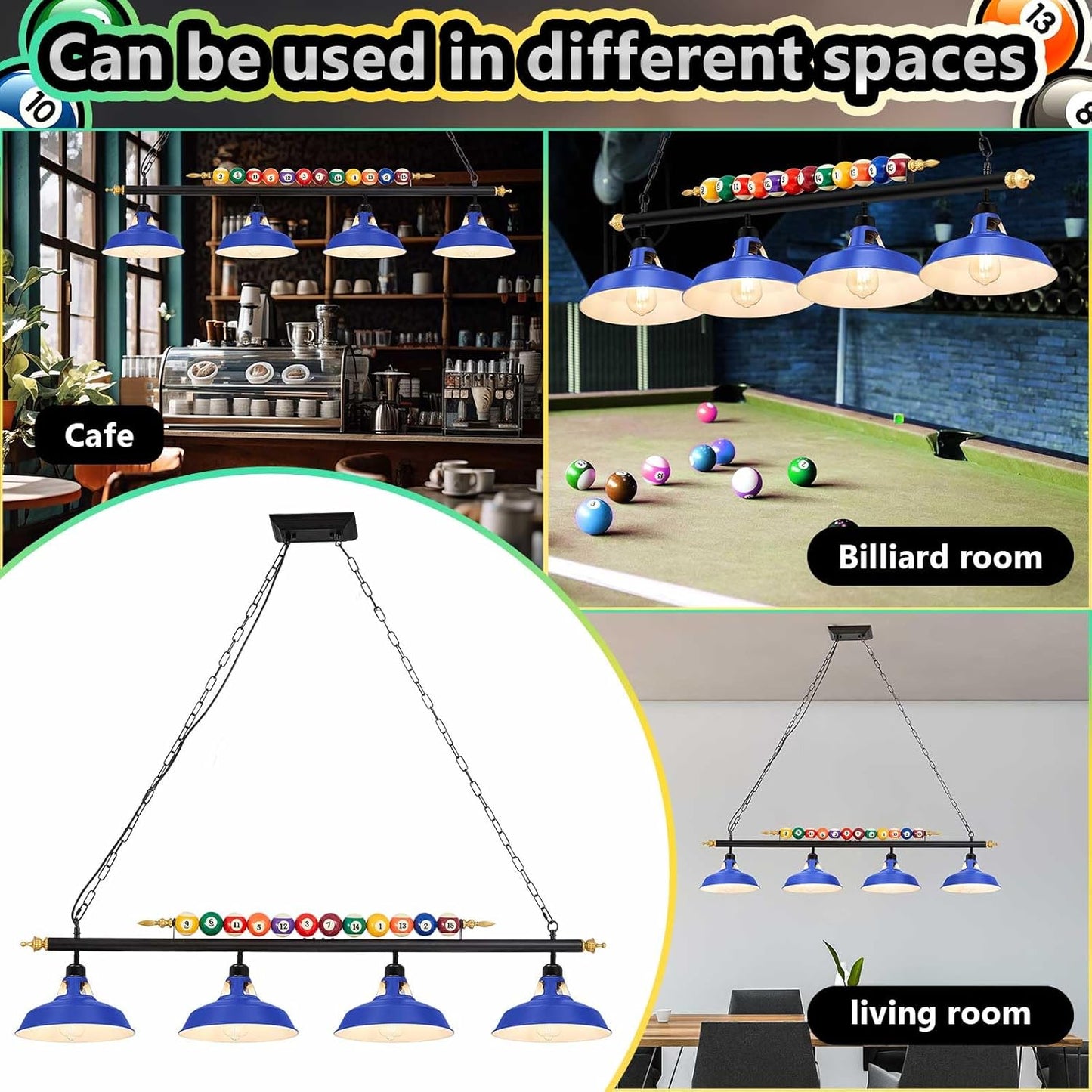 Adjustable 4 Light Pool Table Lights for 7'-8' Billiard Light Hanging Pool Table Fixture Lighting Pendant Lamp with Metal Shades for Game Rooms (Bulb Not Included)(Blue)