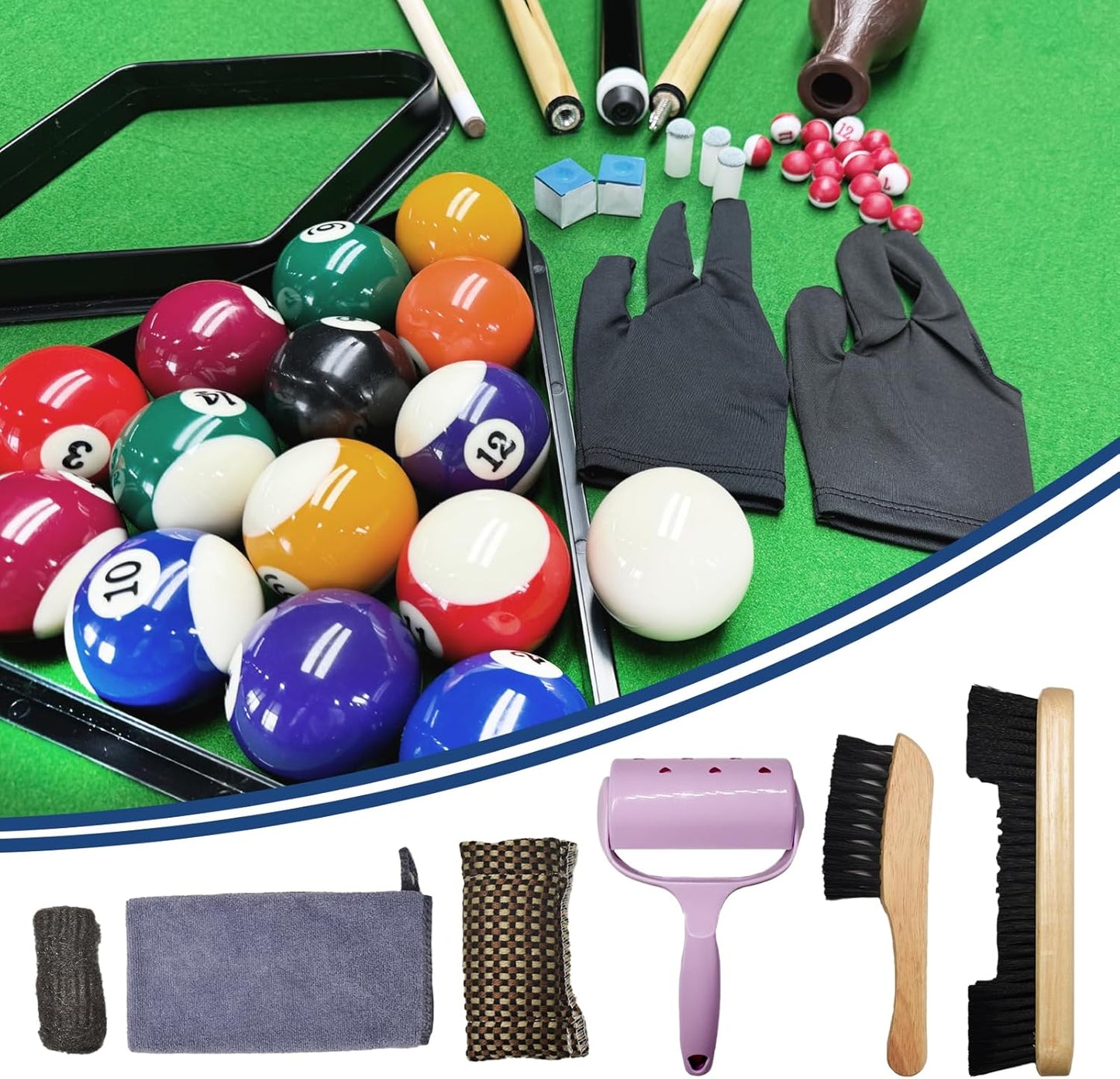 95pcs Pool Table Accessories Set - Balls, Triangle, Rack, Cue, Chalk, Tips, Stickers, Cloth, Brush & Cleaner Set