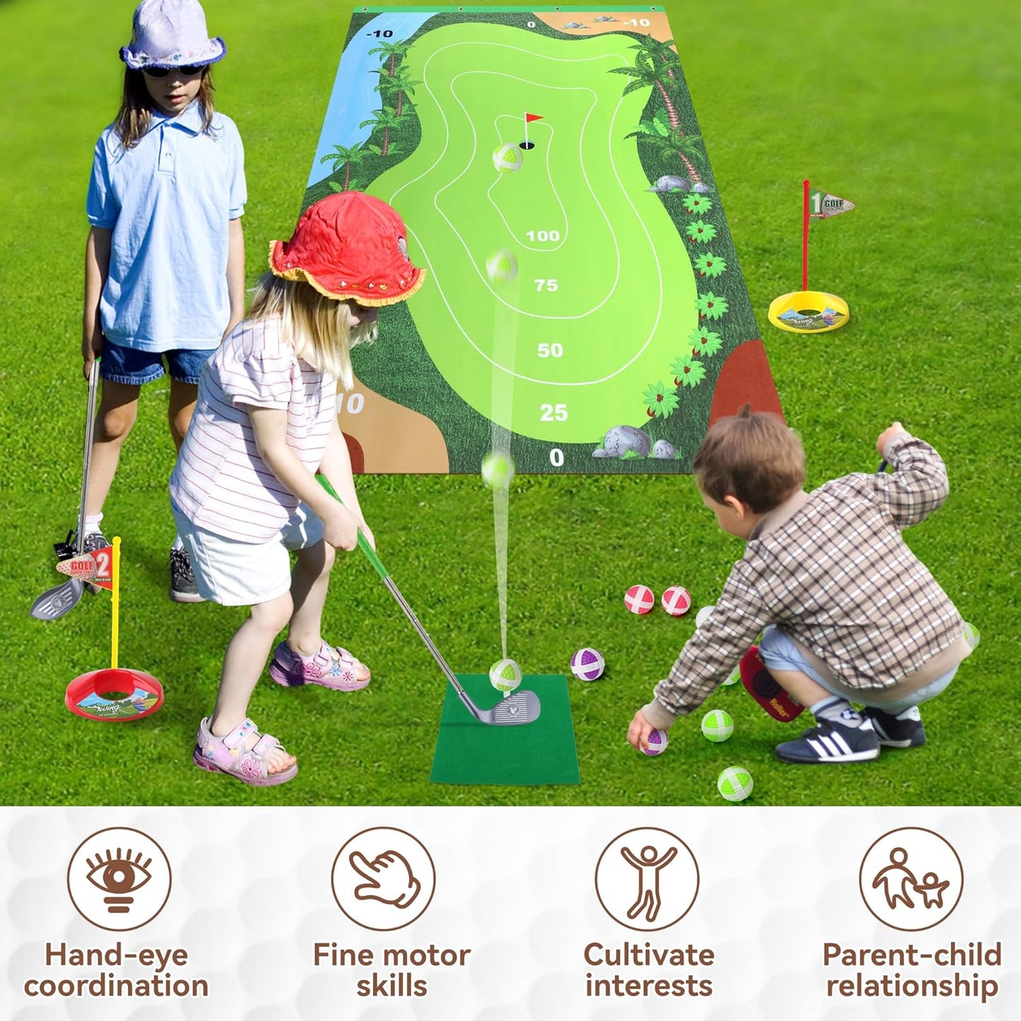 Liberry Kids Golf Set for 3 4 5 6 7 Years Old Boys Girls, Golf Chipping Game with Golf Mat, Sticky Balls, Storage Bag, Retractable Golf Clubs Indoor Outdoor Sports Toy Gift Toss Game(Grey)