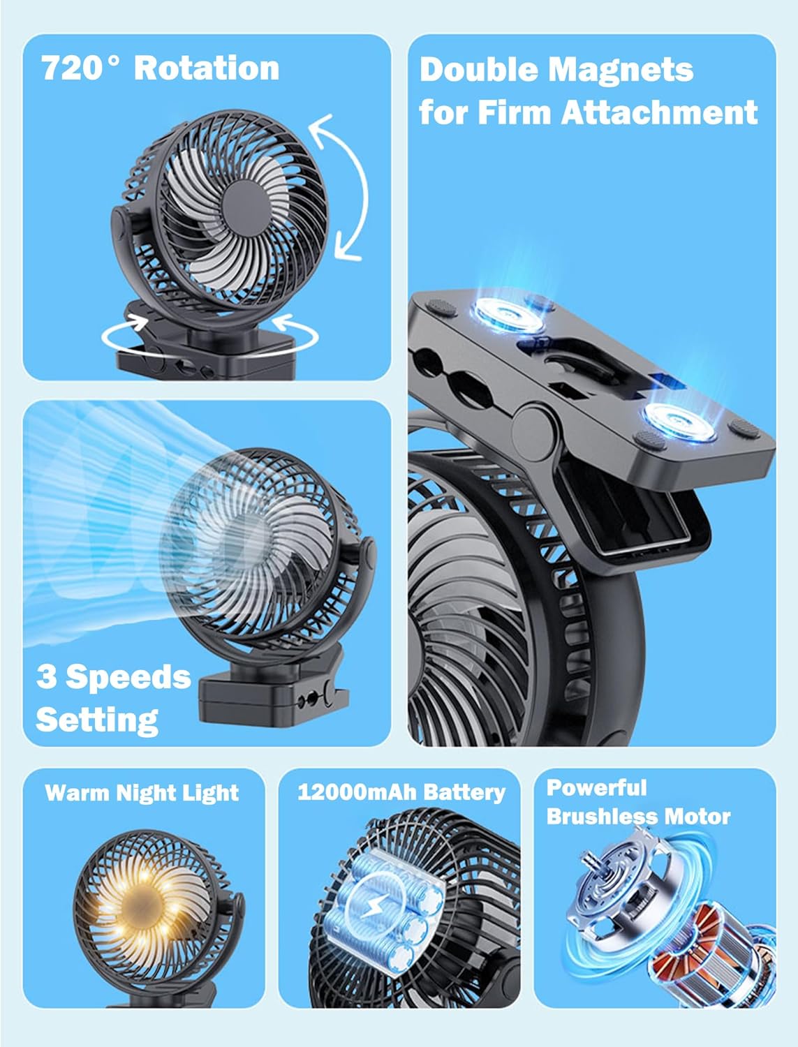 2-Pack Magnetic Clip on Fan for Golf Cart, 12000mAH Battery Operated Portable Fan with 3 Speeds, LED Lantern, Magnetic Base, Suitable for EZGO Club Car Yamaha, Golf Cart & Cruise Ship Accessories