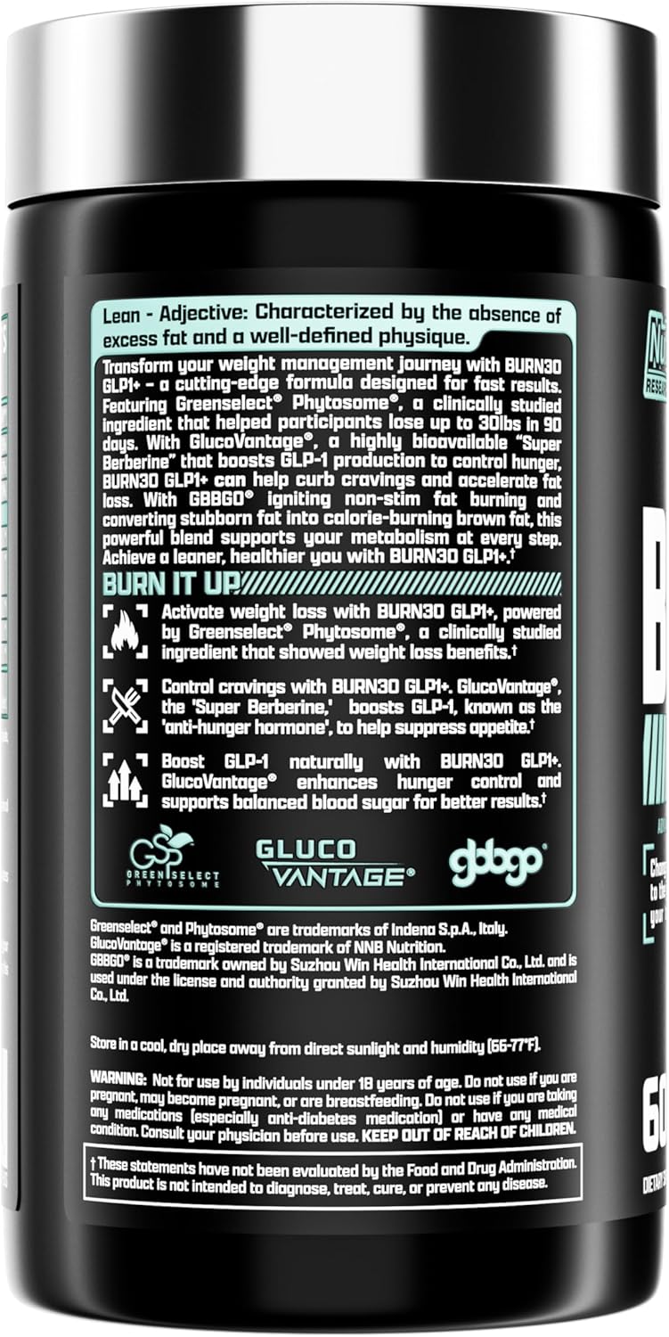 Nutrex Research BURN30 GLP1+ Super Berberine Chromium Picolinate Weight Management Support | Advanced Appetite Control & Metabolism Support with Clinically Studied Ingredients | Stimulant Free