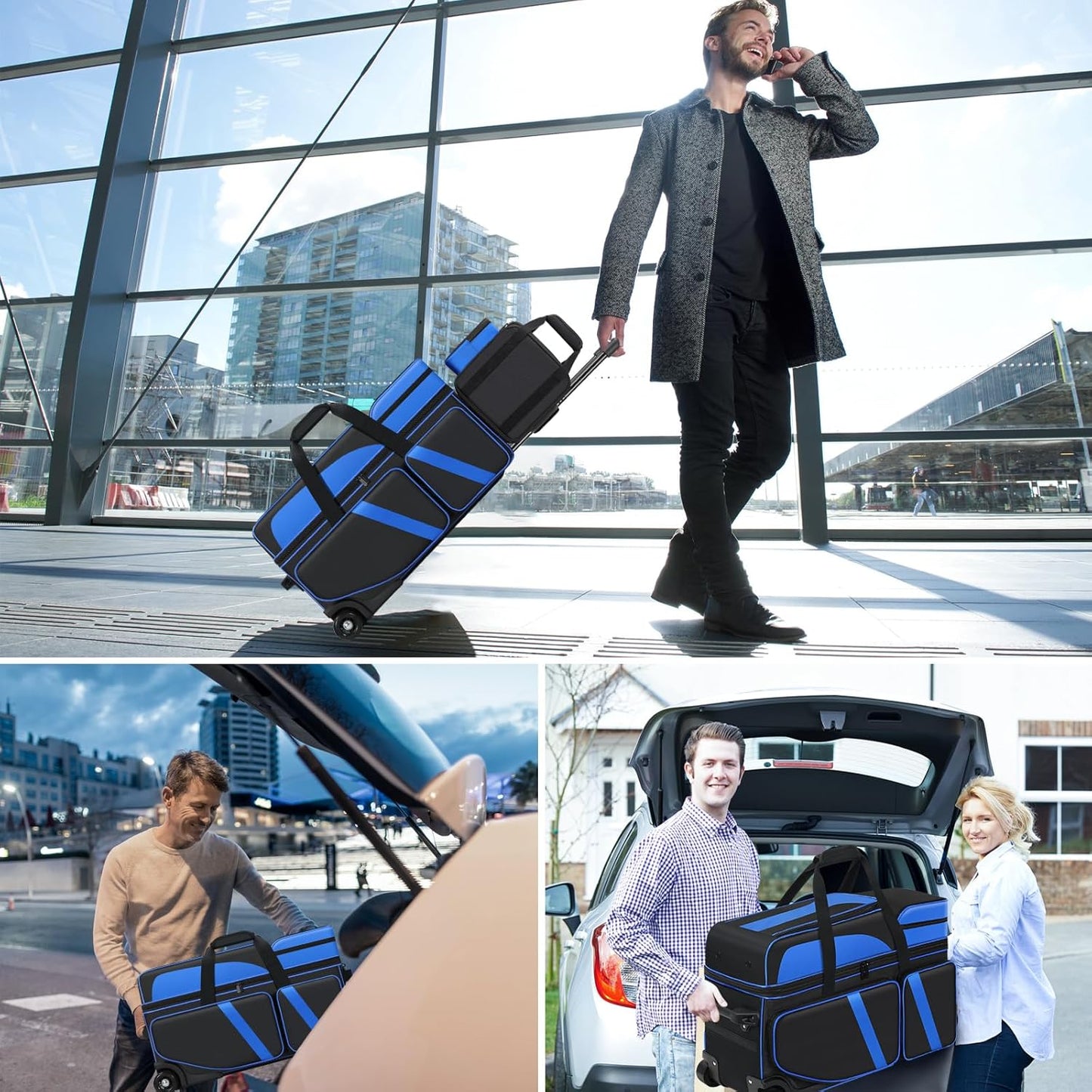 4 Ball Bowling Bag with Wheels, Bowling Bag 4 Ball Roller with Multi-pocket & Shoe Compartment & Retractable Handle, 3 Ball Roller Bag + 1 Ball Color Matching Add On Tote